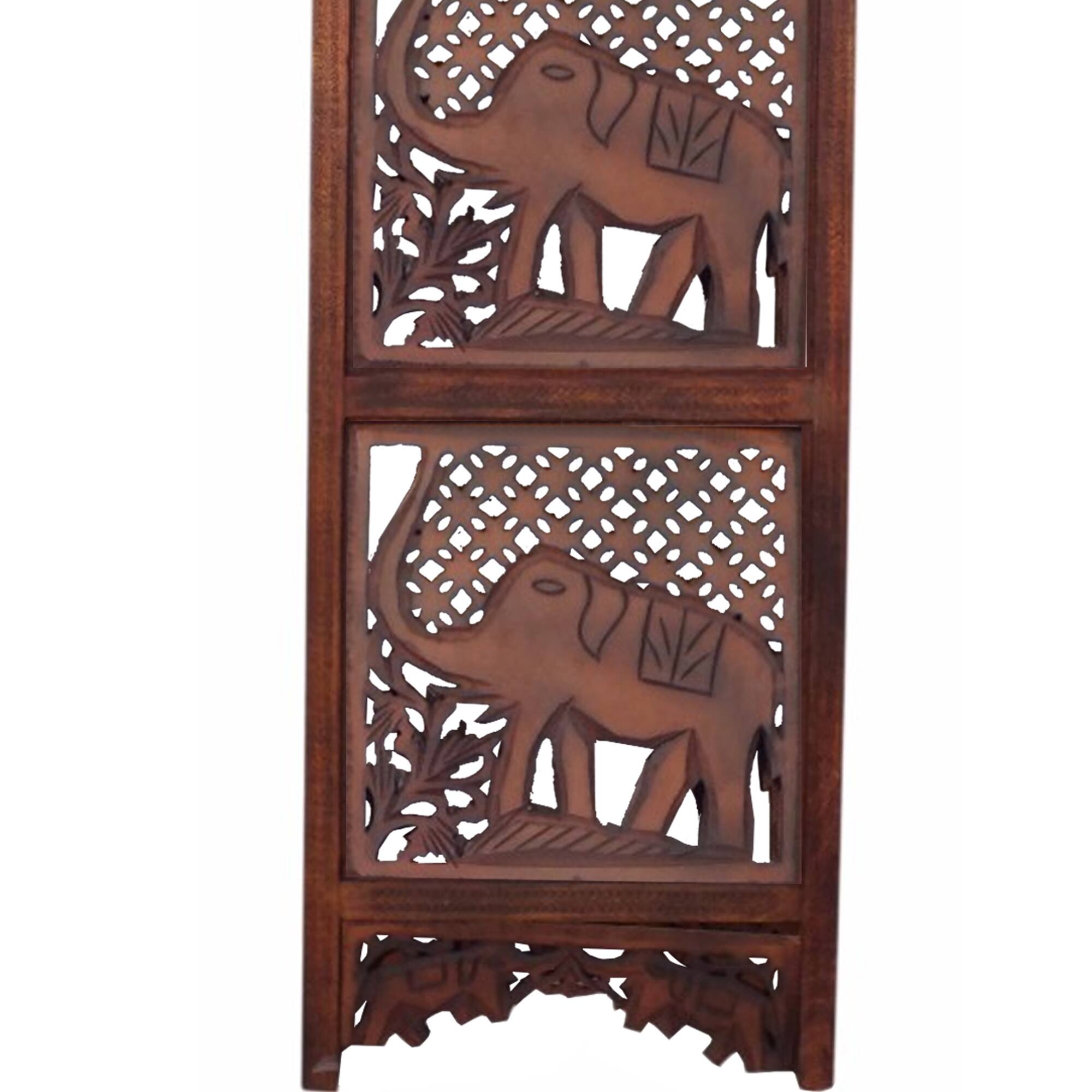 Alt View 4. Manhattan Lane - Zofi Hand Carved Elephant Design Foldable 4 Panel Wooden Room Divider - Brown.