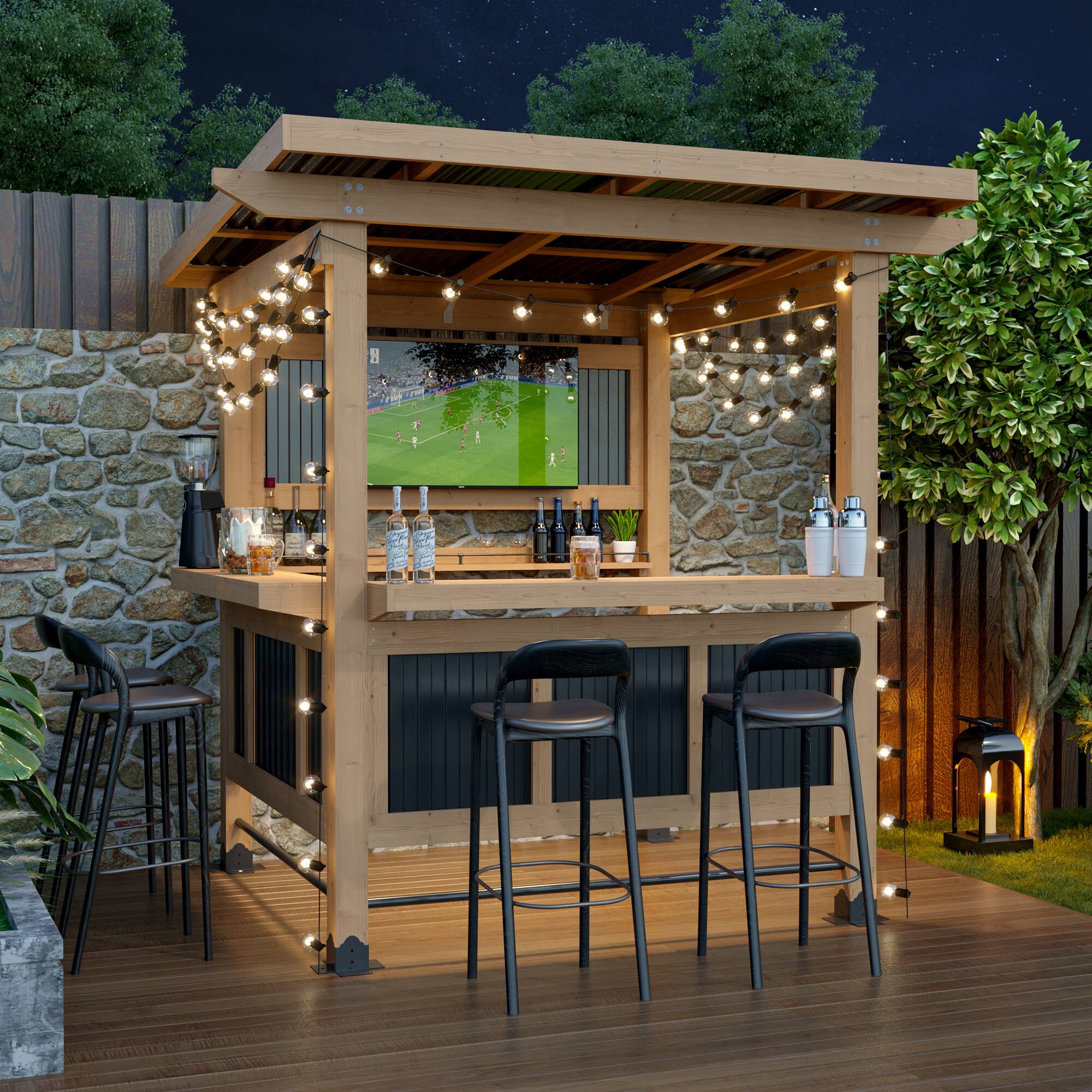 Back. Famapy - Outdoor Entertainment Bar Gazebo with Dual Bar Counters, TV Mount, Cedar Frame and Weatherproof Roof.