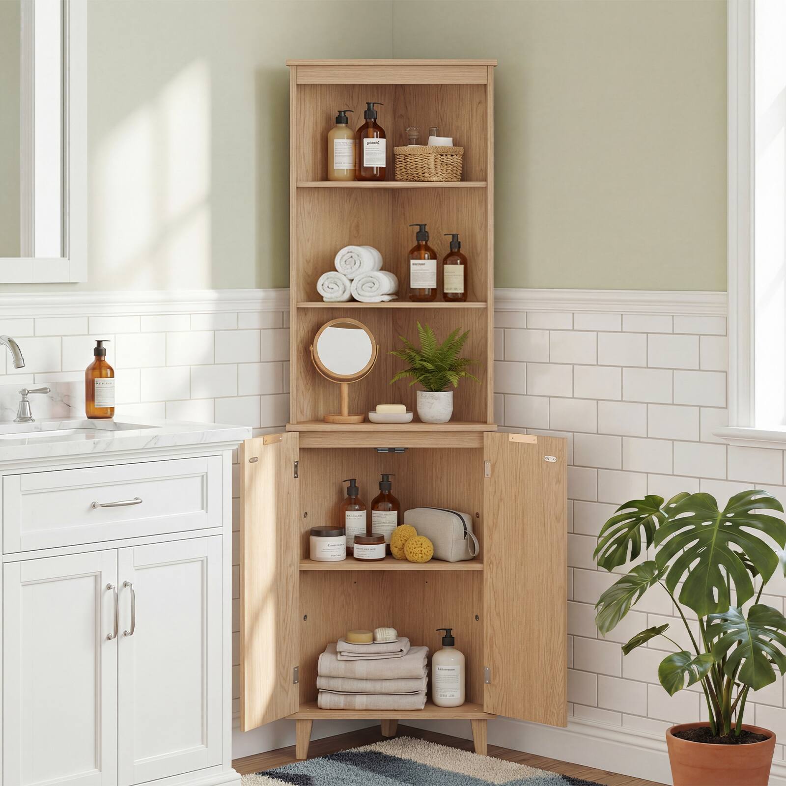 Alt View 3. Costway - Costway 68" Tall Corner Cabinet with Fluted Doors, 6-Tier Space Saver Display Shelves Bathroom Storage Cabinet - Oak.