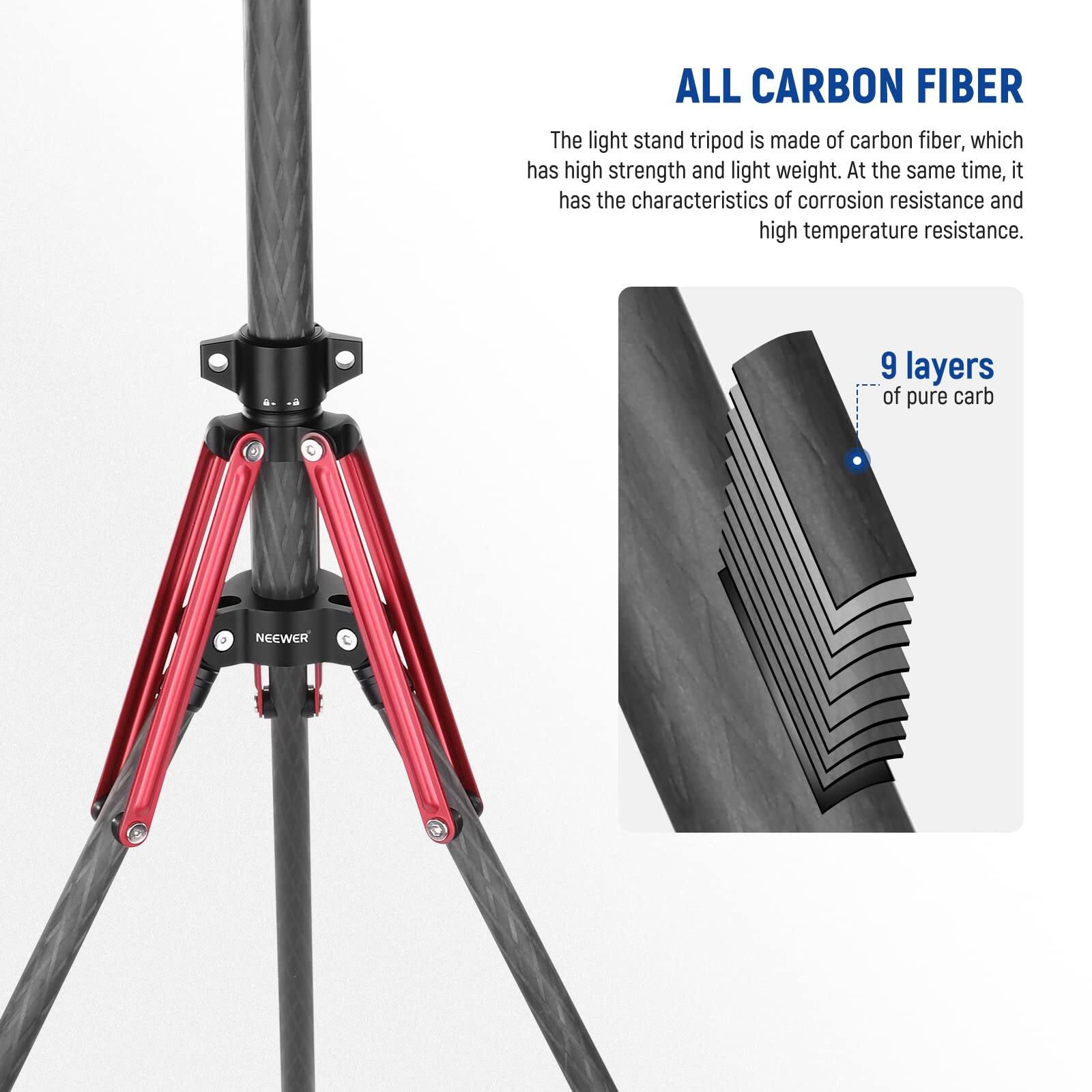 ALL CARBON FIBER

The light stand tripod is made of carbon fiber, which has high strength and light weight. At the same time, it has the characteristics of corrosion resistance and high temperature resistance.

9 layers of pure carbon