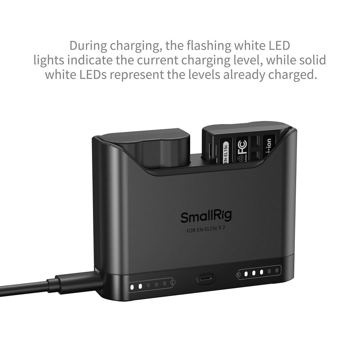 During charging, the flashing white LED lights indicate the current charging level, while solid white LEDs represent the levels already charged.

EN-EL15e FC Ldon i-ion SmallRig EN-EL15c x 2 FOR