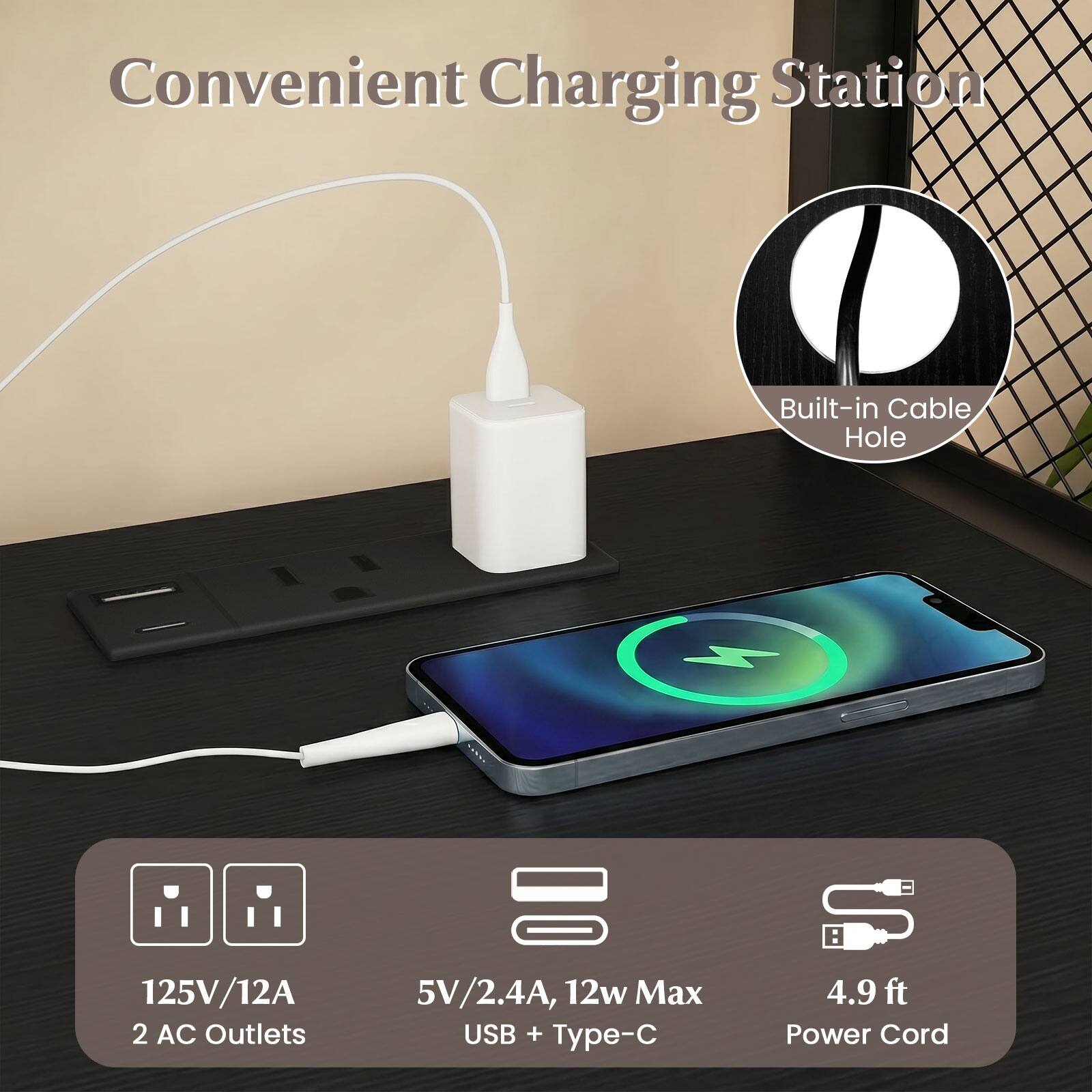 Convenient Charging Station  
Built-in Cable Hole  
125V/12A  
2 AC Outlets  
5V/2.4A, 12w Max USB + Type-C  
4.9 ft Power Cord