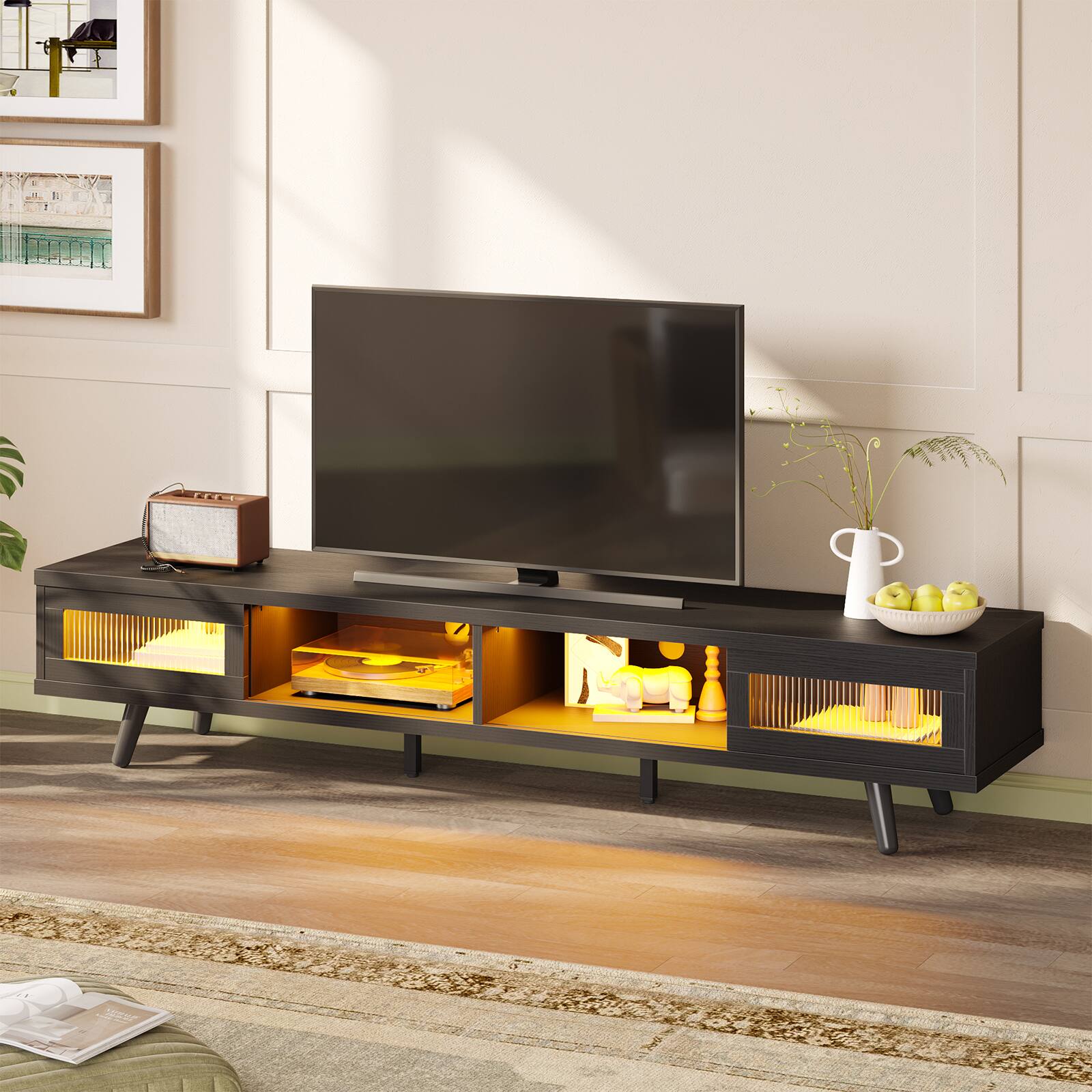 Back. Bestier - 70" LED TV Stand Mid-Century Modern Gaming Entertainment Center with Sliding Glass Door - Black.