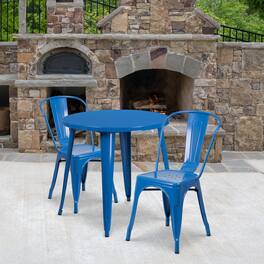 Emma + Oliver - Commercial Grade 30" Round Metal Indoor-Outdoor Table Set with 2 Cafe Chairs - Blue