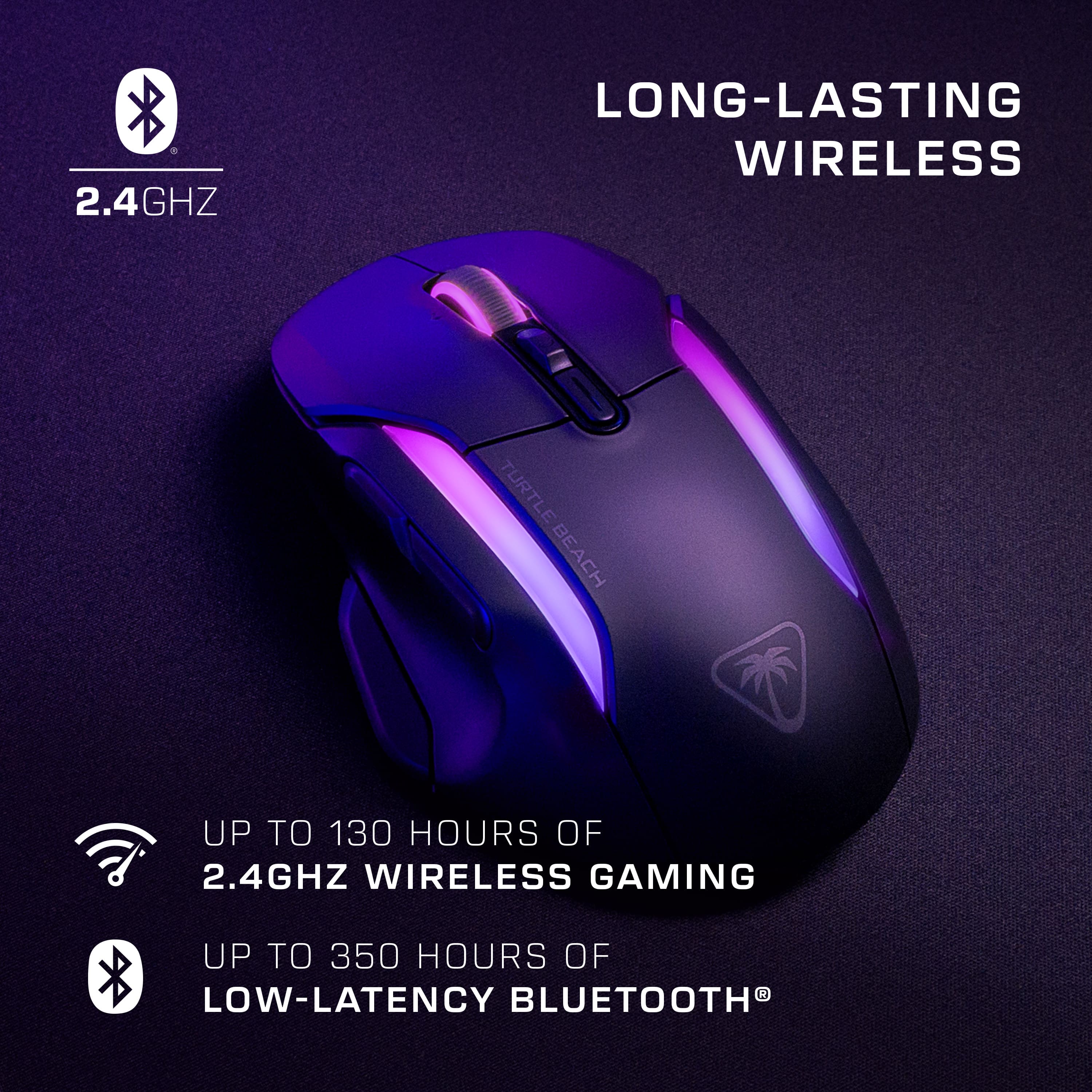 The text on the image is grouped and corrected as follows:
"2.4GHz Long-Lasting Wireless Turtle Beach Up to 130 Hours of 2.4GHz Wireless Gaming Up to 350 Hours of Low-Latency Bluetooth."
