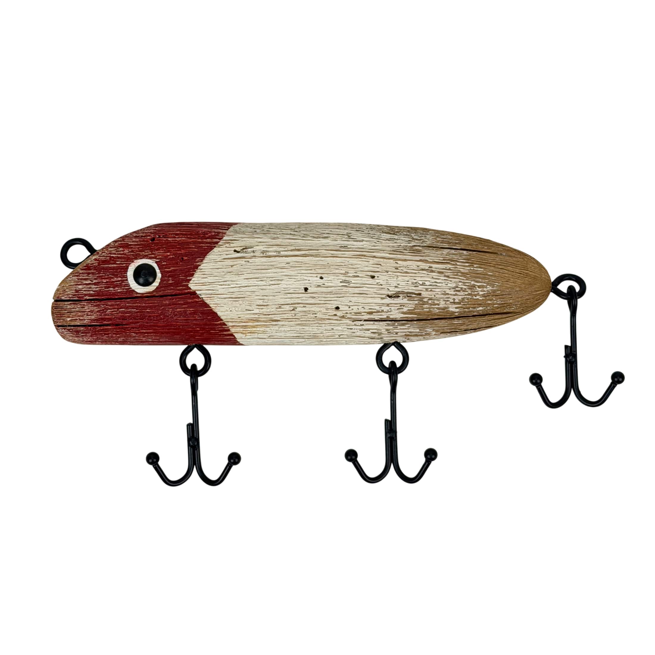 Zeckos - Decorative Fishing Lure Wall Sculpture Rustic Wood Metal 12.25 Inch Red White - Multicolored
