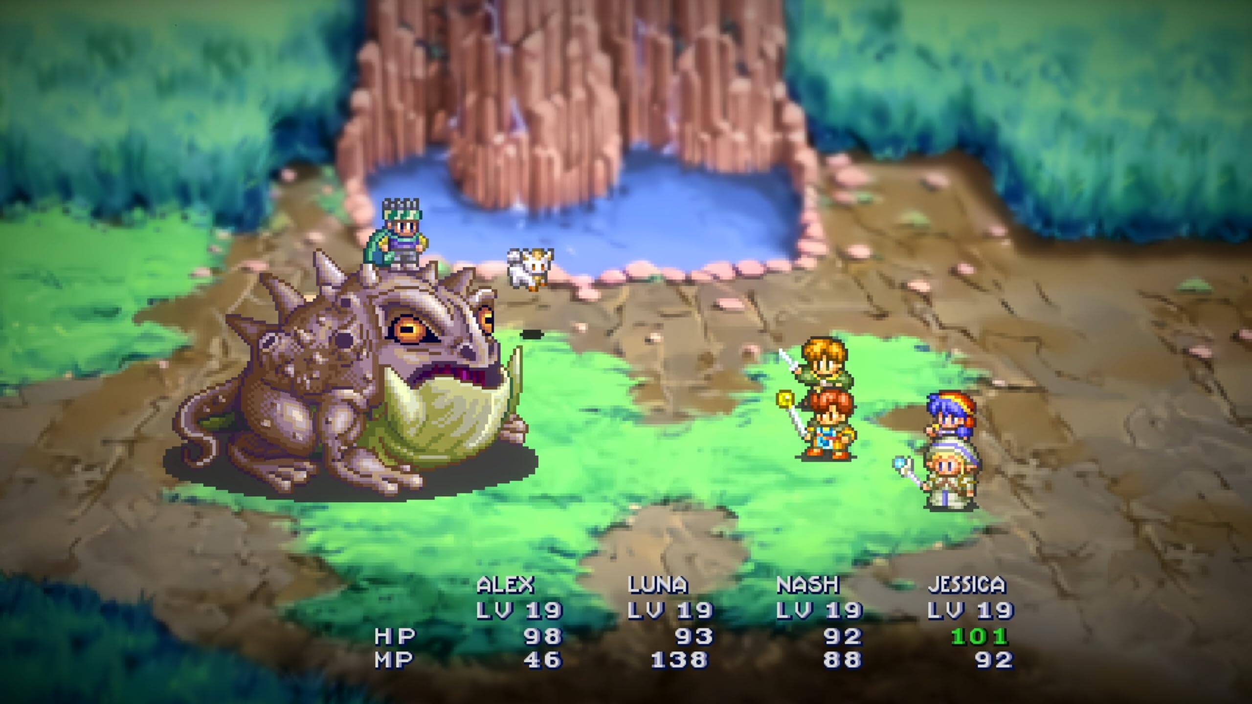 Sure, here is the corrected and grouped text:

- ALEX
  - LV 19
  - HP 98
  - MP 46

- LUNA
  - LV 19
  - HP 93
  - MP 138

- NASH
  - LV 19
  - HP 92
  - MP 88

- JESSICA
  - LV 19
  - HP 101
  - MP 92