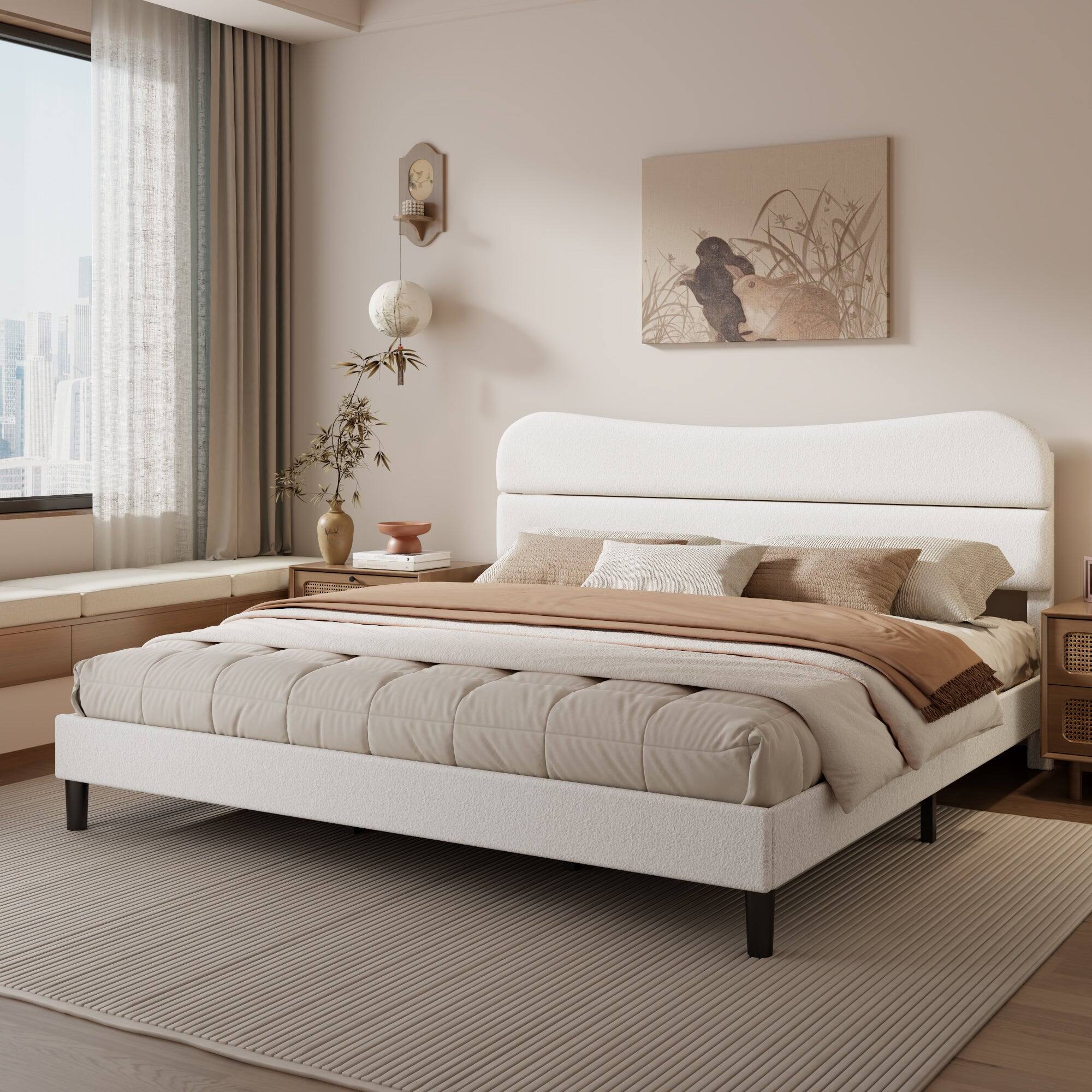 Left. Furnulem - Bed Frame With Teddy Velvet Soft Curved Headboard Platform Bed With Wooden Slats Support - White.