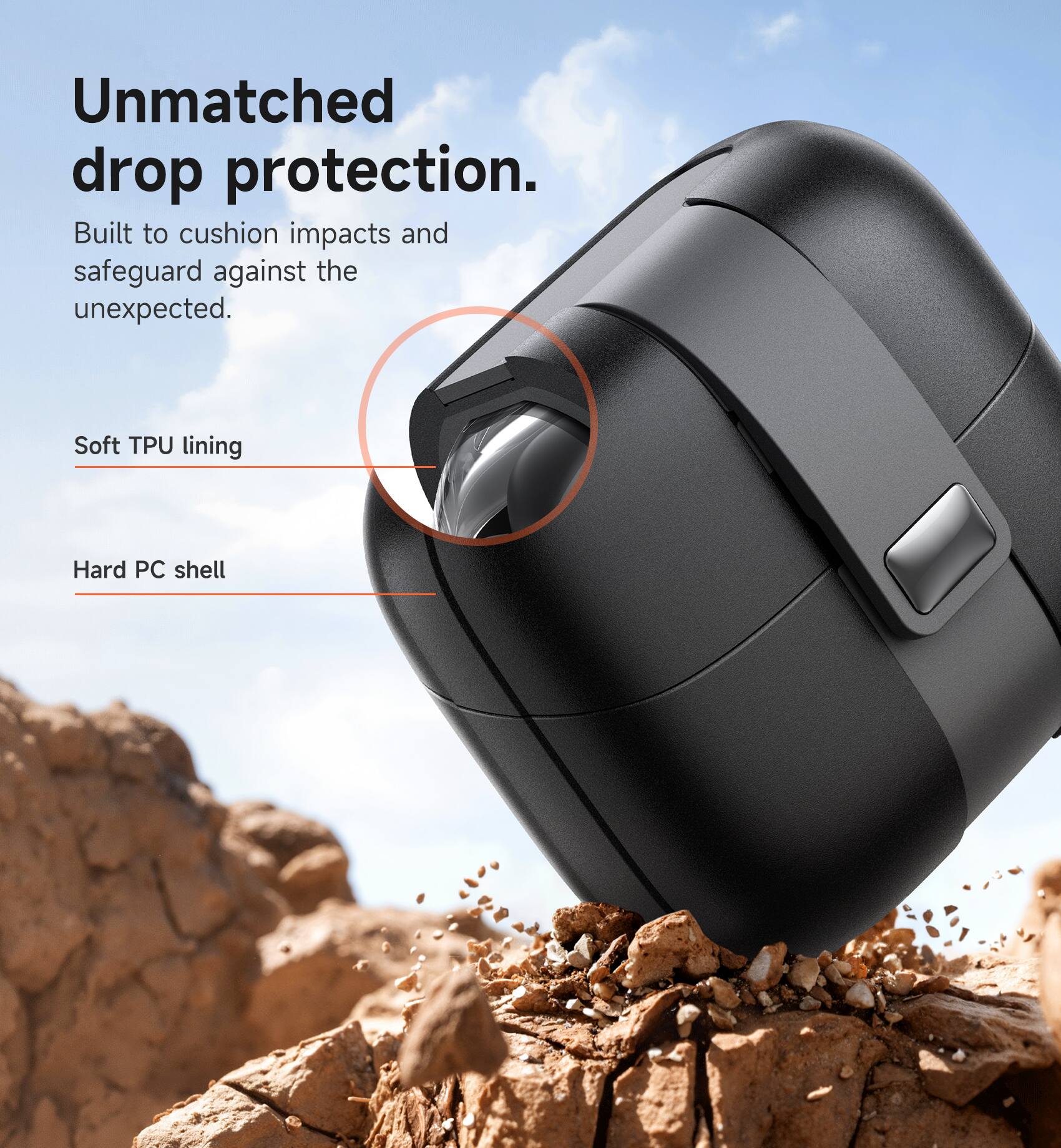 Unmatched drop protection. Built to cushion impacts and safeguard against the unexpected. Soft TPU lining. Hard PC shell.
