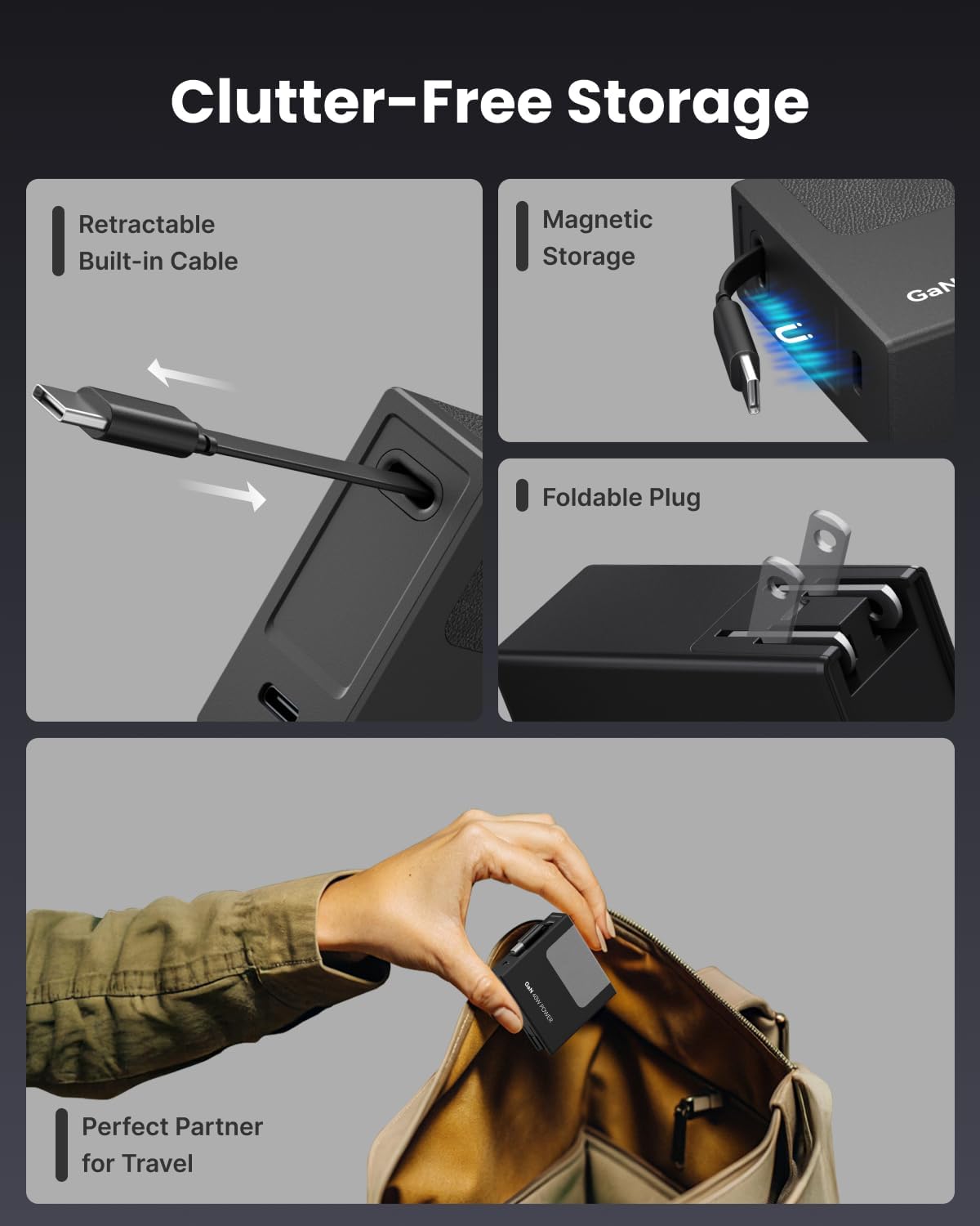 Clutter-Free Storage  
Retractable Built-in Cable  
Magnetic Storage  
Foldable Plug  
Perfect Partner for Travel