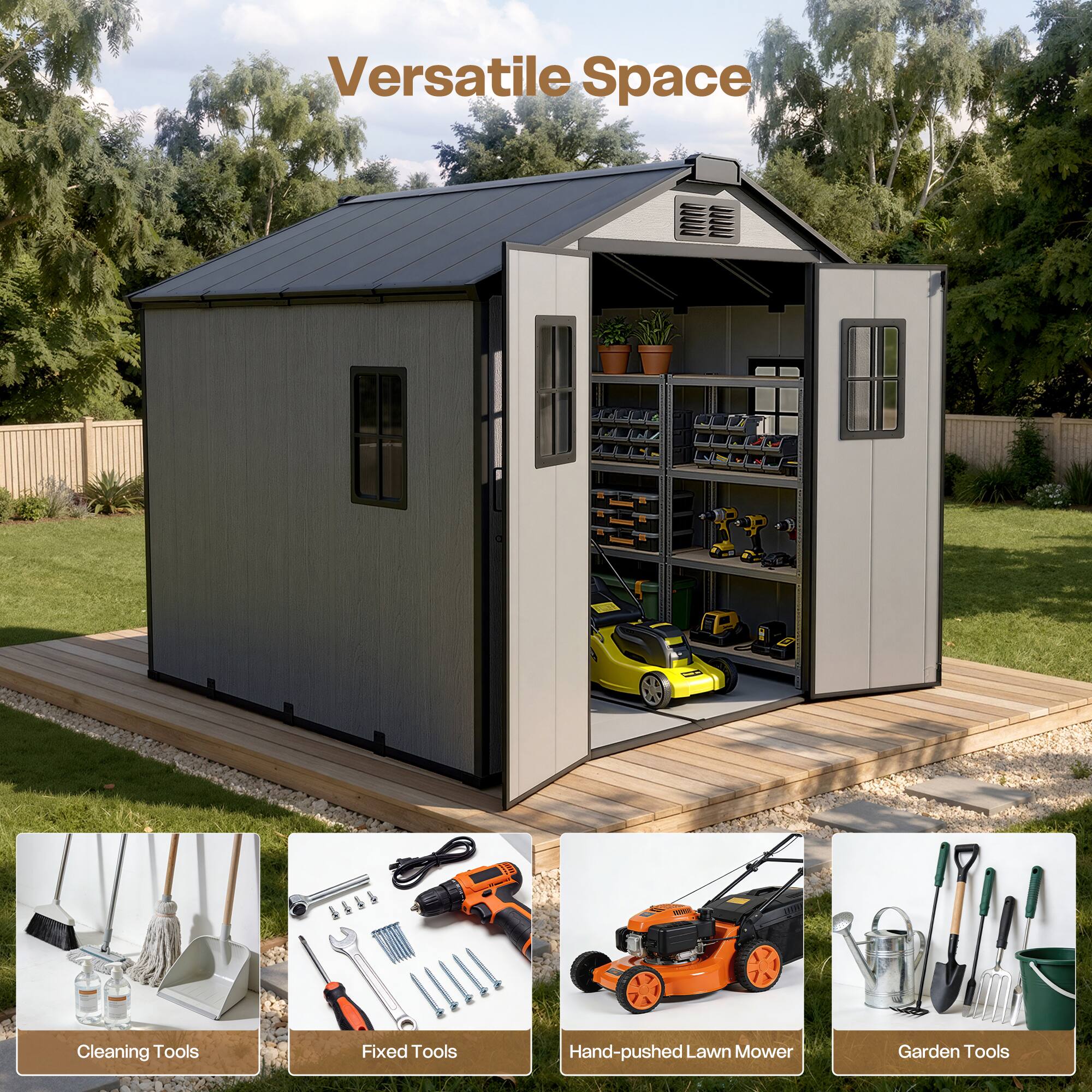 Versatile Space

- Cleaning Tools
- Fixed Tools
- Hand-pushed Lawn Mower
- Garden Tools