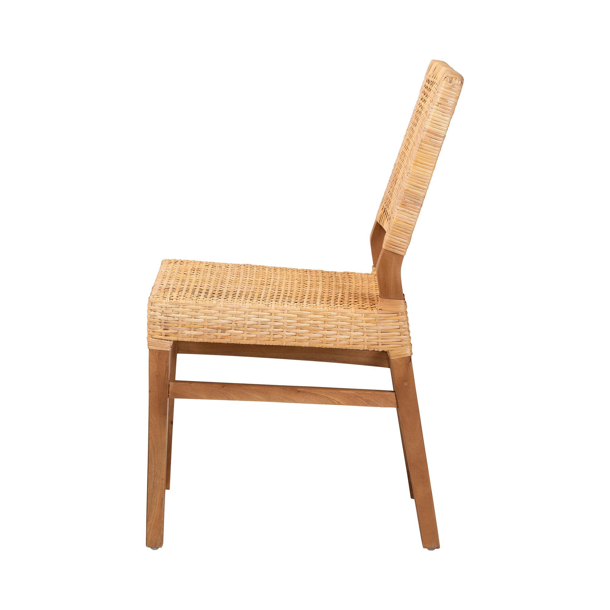Left. bali & pari - Lesia Modern Bohemian Rattan and Mahogany Wood Dining Chair - Natural Brown/Walnut Brown.