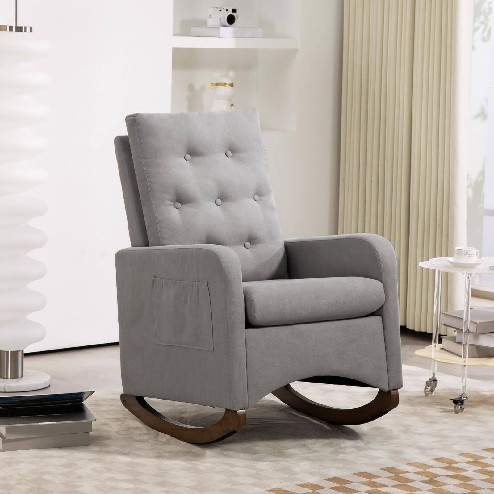 Front. Jojoka - Upholstered Rocking Chair, Teddy Fabric Nursery Rocker with High Backrest, Side Pocket & Rubber Wood Legs - Gray.