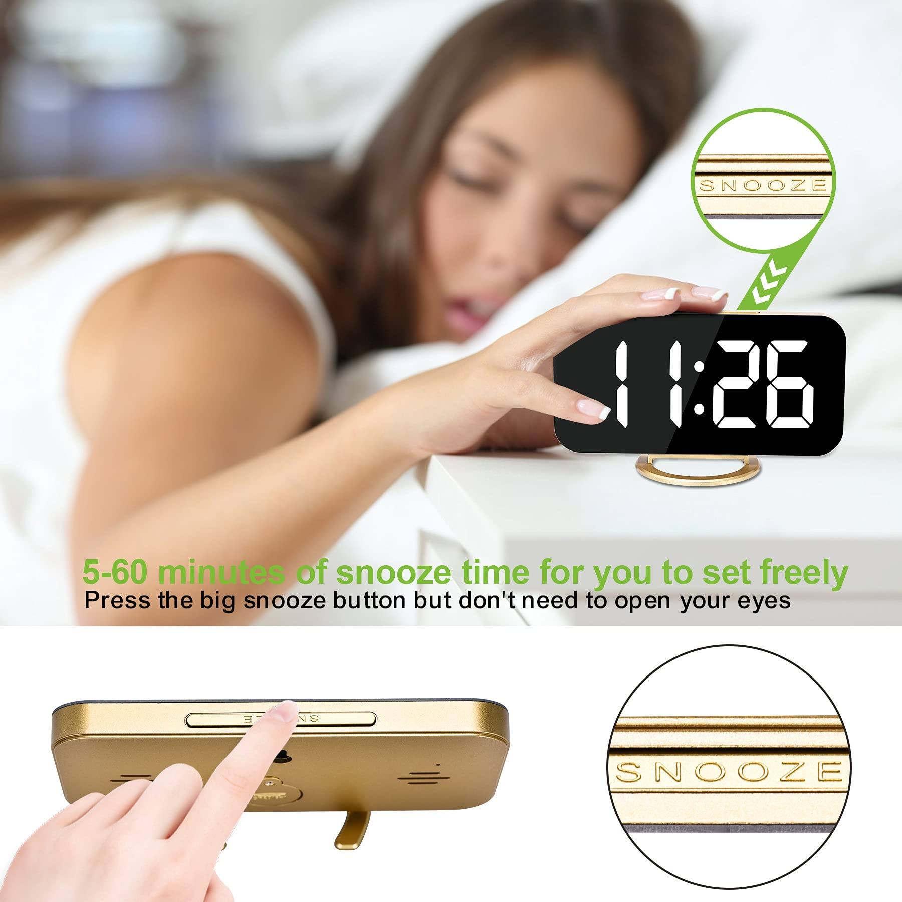 SNOOZE  
1:26  
5-60 minutes of snooze time for you to set freely  
Press the big snooze button but don't need to open your eyes