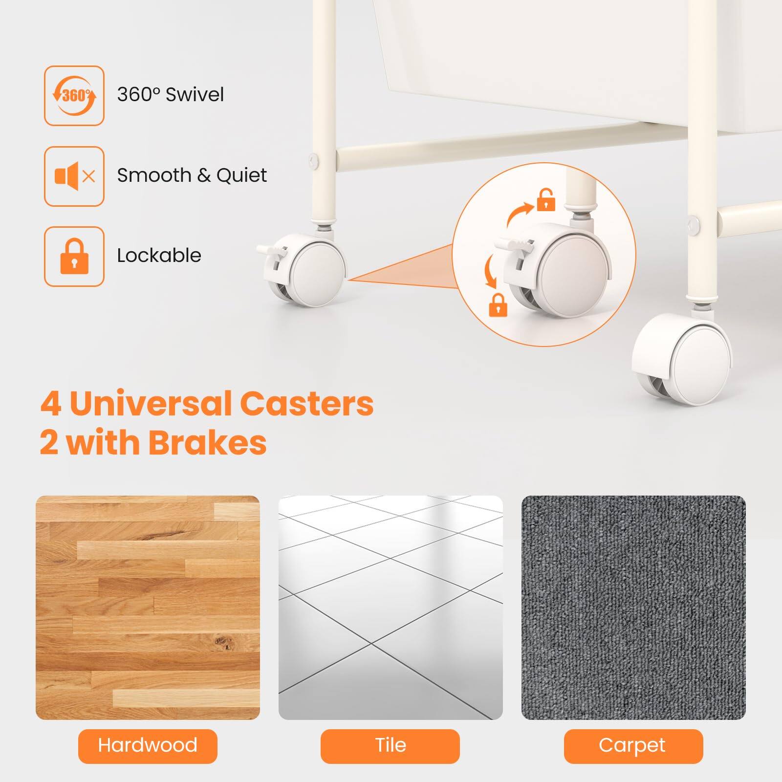 360° Swivel  
Smooth & Quiet  
Lockable  

4 Universal Casters  
2 with Brakes  

Hardwood  
Tile  
Carpet