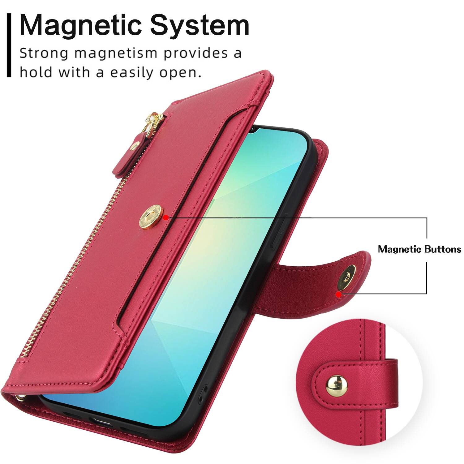 Magnetic System  
Strong magnetism provides a hold with a easily open.  
Magnetic Buttons
