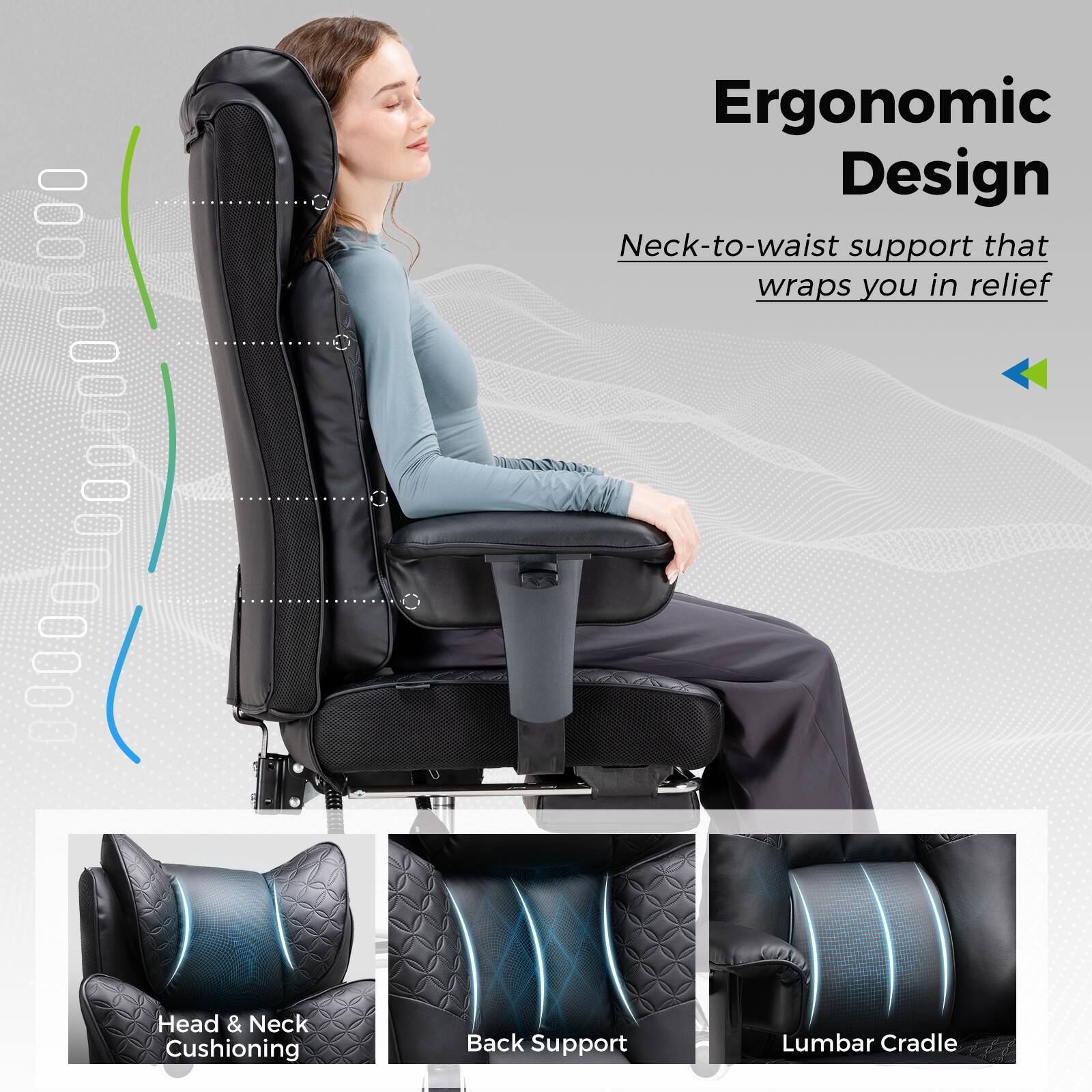 Ergonomic Design  
Neck-to-waist support that wraps you in relief  

Head & Neck Cushioning  
Back Support  
Lumbar Cradle