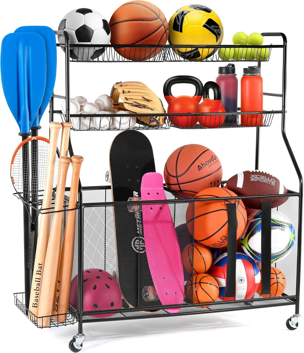 Home It - Ball Rack Sports Equipment Organizer with Baskets and Wheels, Garage Storage Rack for Balls, Toys, and Fitness Gear - Black