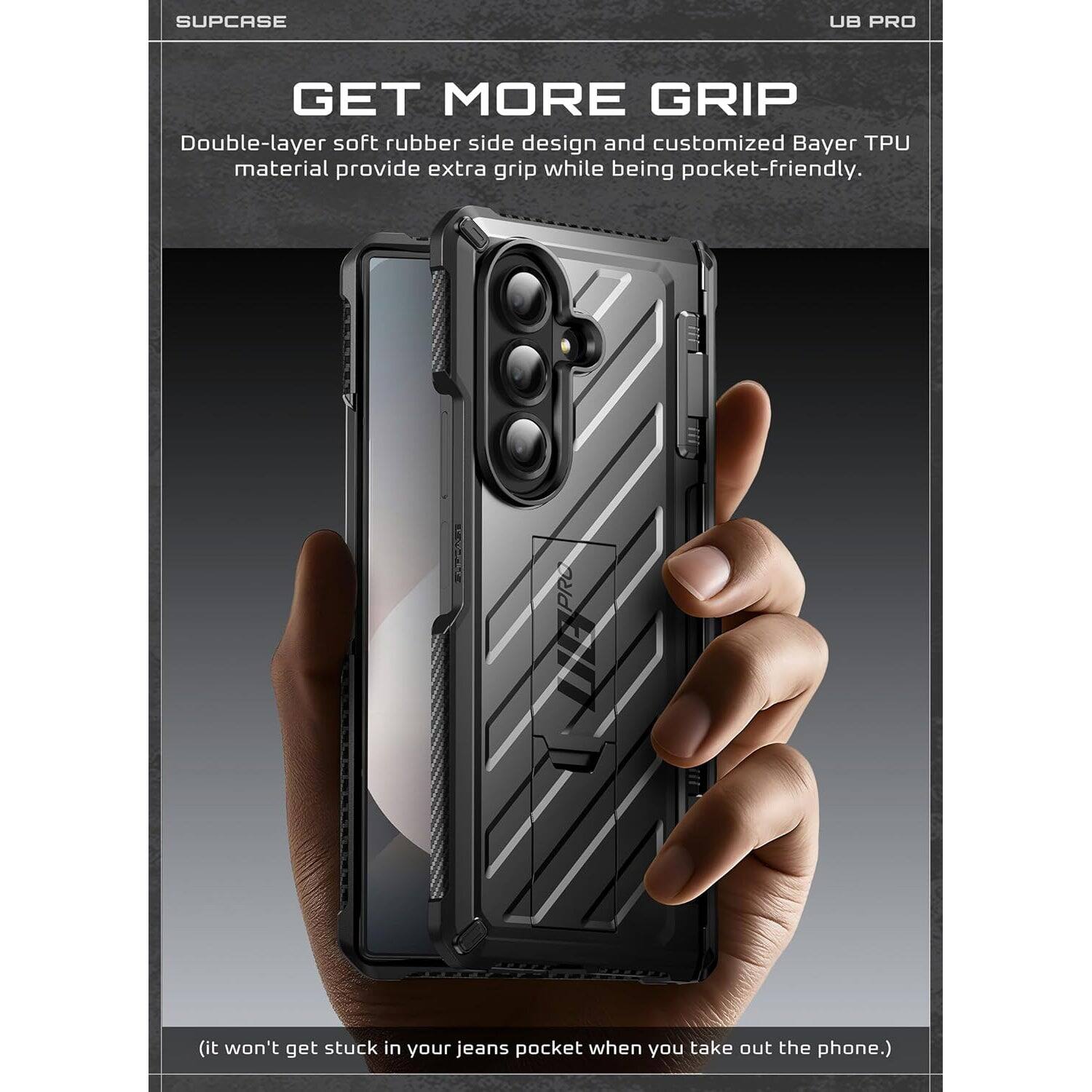 SUPCASE UB PRO GET MORE GRIP Double-layer soft rubber side design and customized Bayer TPU material provide extra grip while being pocket-friendly. (it won't get stuck in your jeans pocket when you take out the phone.)