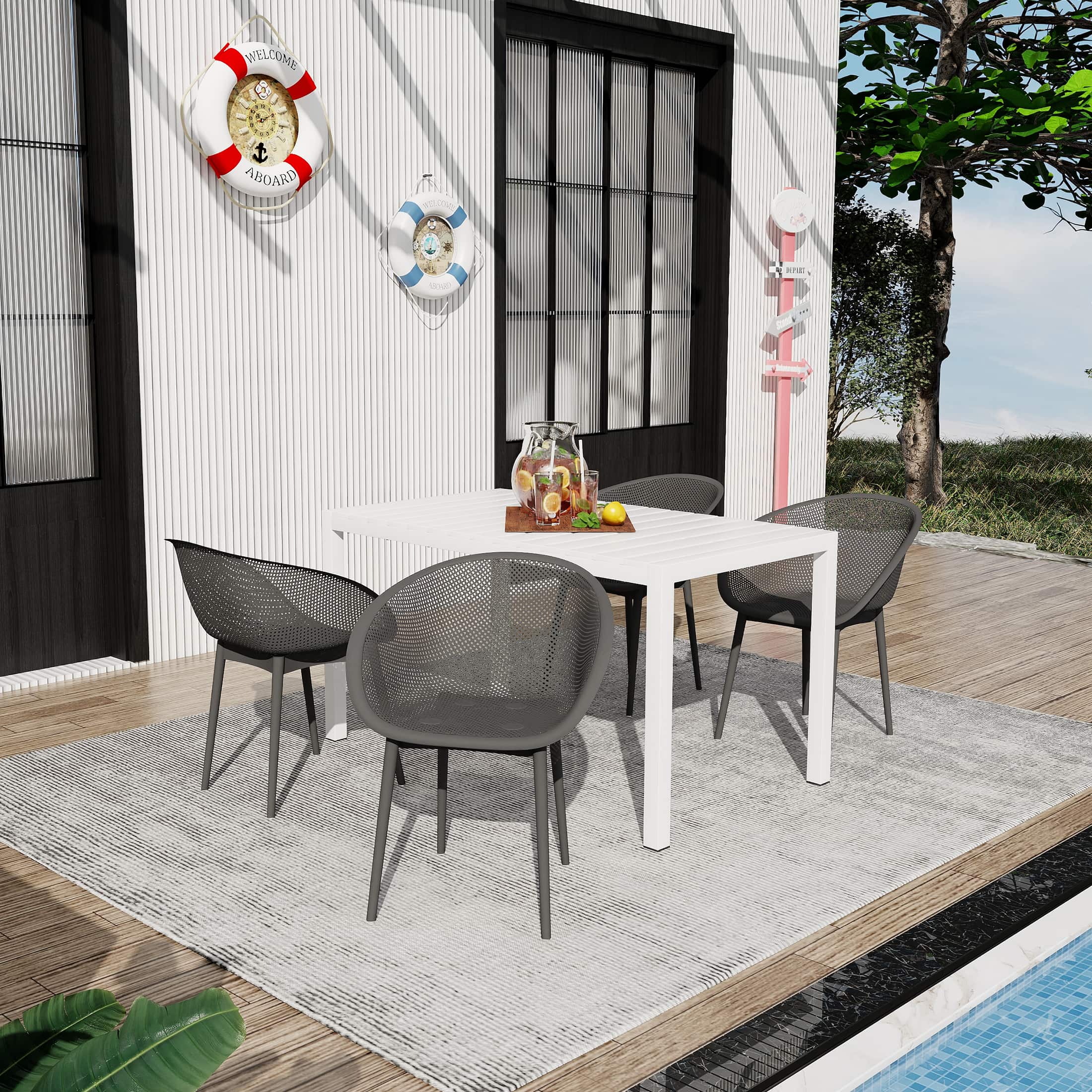 Photos - Garden Furniture Inch Mondawe - 5-Piece Outdoor Dining Set – 55  Table with 4 Lounge Chairs - Grey+White 
