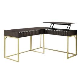 Manhattan Lane - Fredie Corner Desk with Lift-Top USB Port, Gold Frame, Walnut Brown - Walnut Brown, Gold
