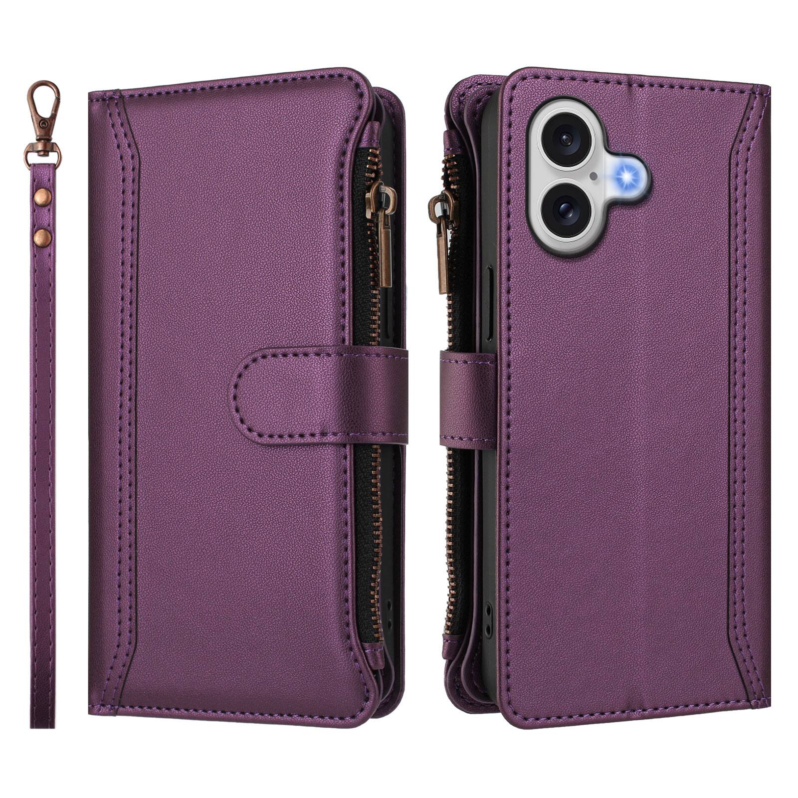 Angle. UUCOVER - Wallet Case for Apple iPhone 17 with Zipper Pocket, Cash Card Slots, Wrist and Shoulder Strap, Magnetic Flip Stand Cover - Darkpurple.