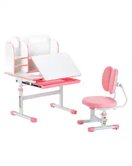 VEVOR - Kids Study Chair and Desk Set, Study Desk and Chair for Kids with Bookshelf & Storage Drawer - Pink