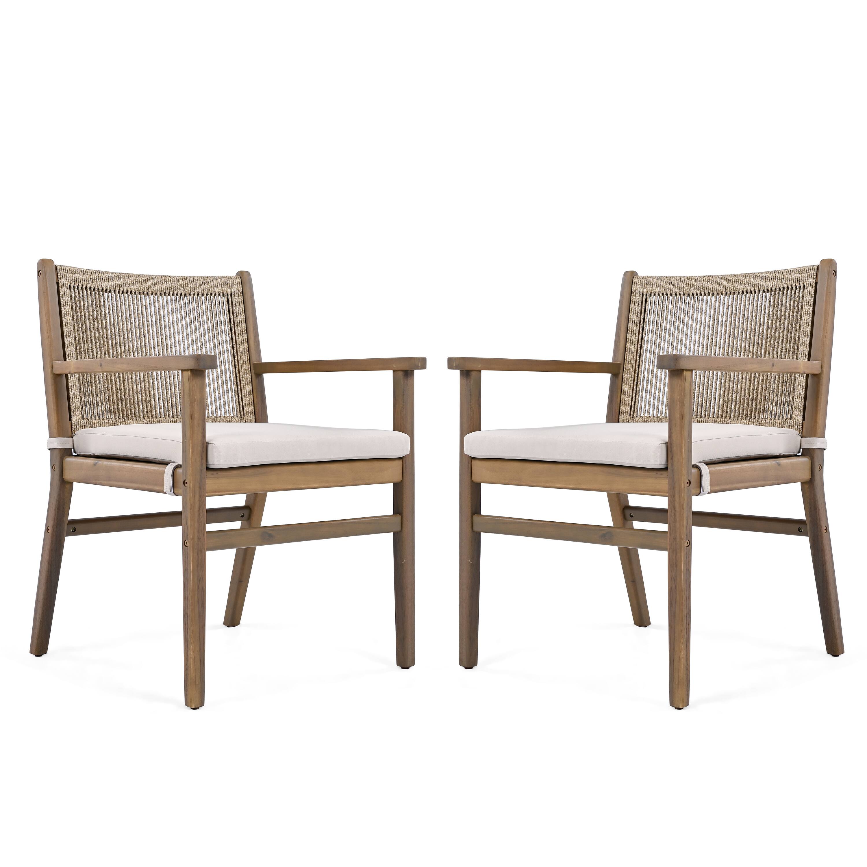 Left. Mondawe - Set of 2 Acacia Wood Patio Armchair with Rope Design Back and Water Repellent Cushion - Light Brown.