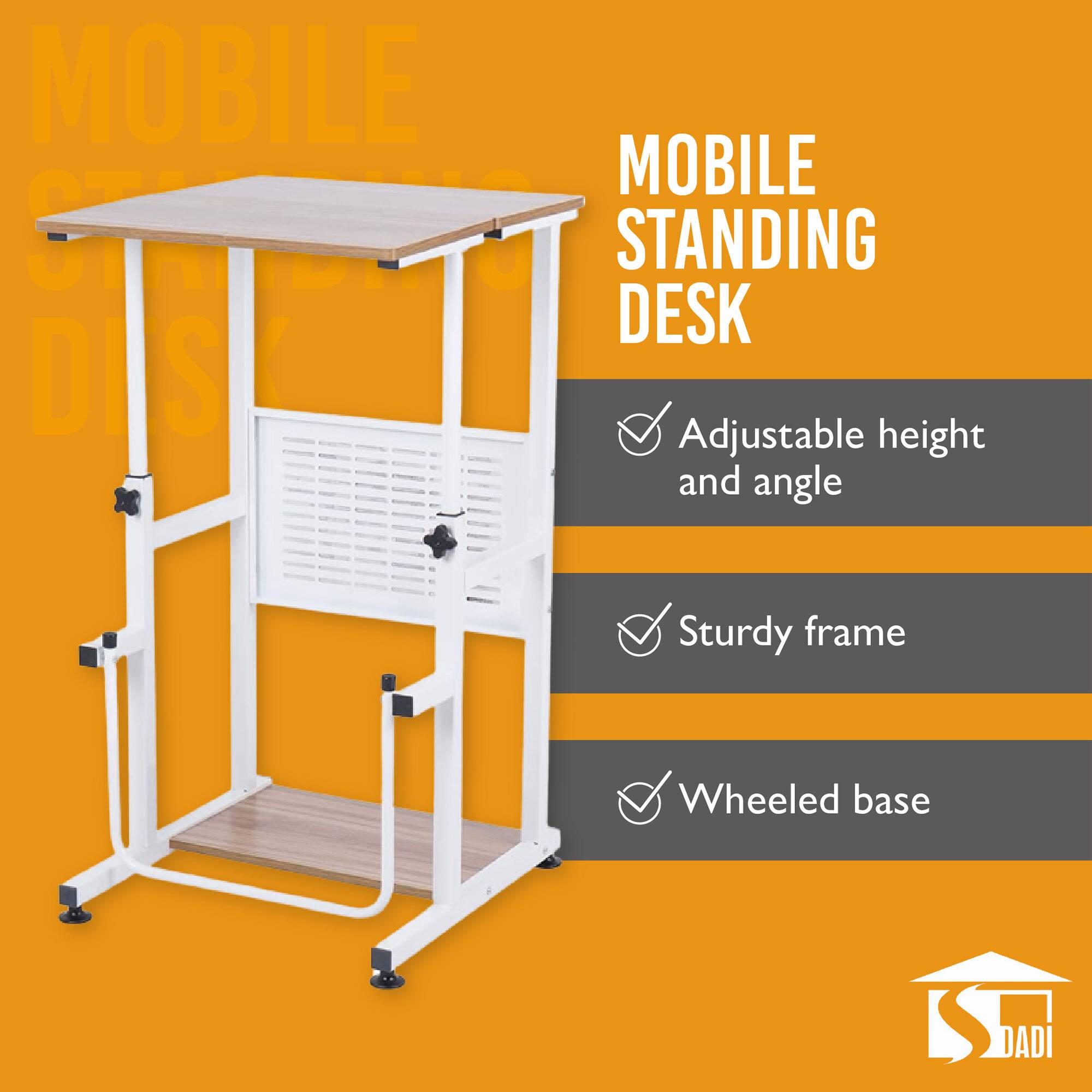 MOBILE STANDING DESK  
Adjustable height and angle  
Sturdy frame  
Wheeled base
