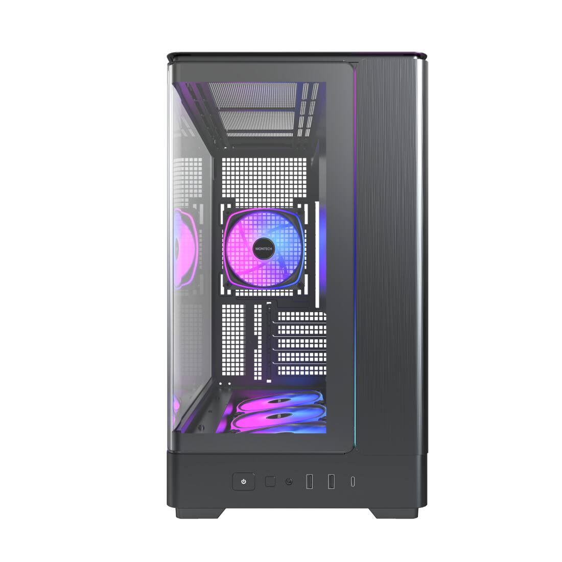 Left. Montech - MONTECH KING 15 PRO Micro-ATX Case, Curved Glass, Chimney Airflow, 360mm Radiator, 6 ARGB Fans, Black - Black.