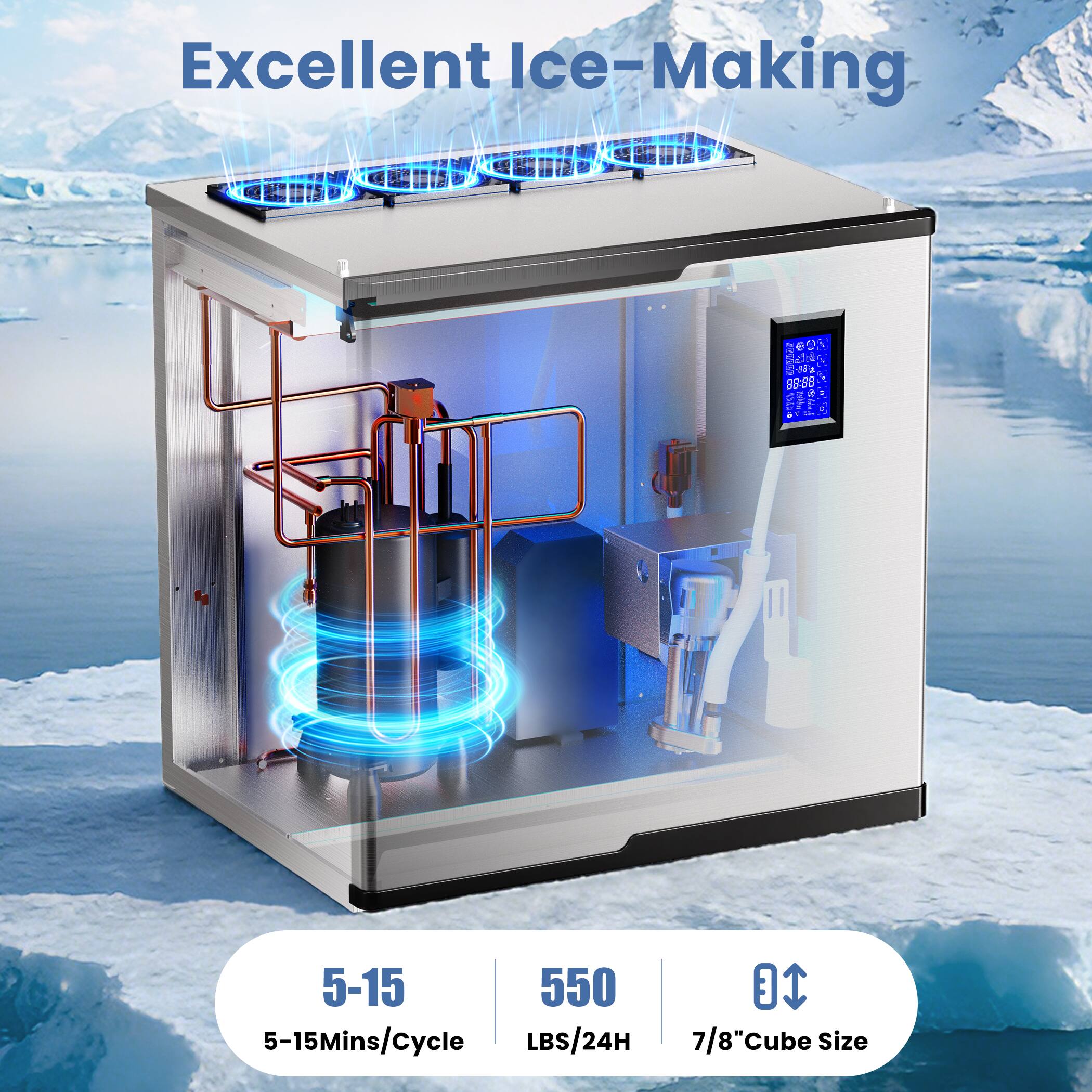 Excellent Ice-Making  
SFa 88:89  
5-15 Mins/Cycle  
550 LBS/24H  
7/8" Cube Size