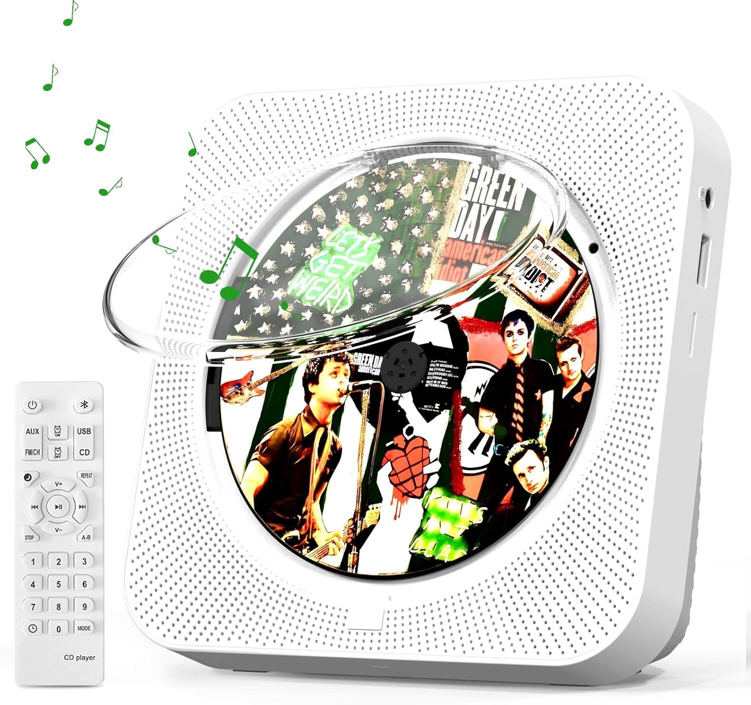 Sure, here is the corrected and grouped text from the image:
---
**Album Cover:**
- "LET'S GET WEIRD"
- "GREEN DAY"
- "AMERICAN IDIOT"
**Remote Control:**
- "AUX"
- "USB"
- "FM/CH"
- "CD"
- "VOL"
- "MODE"
- "1 2 3 4 5 6 7 8 9 0"
- "CD player"
**Additional Text on the Album Cover:**
- "AMERICAN IDIOT"
- "GREEN DAY"
- "LET'S GET WEIRD"
- "AMERICAN IDIOT"
- "GREEN DAY"
- "AMERICAN IDIOT"
- "AMERICAN IDIOT"
- "AMERICAN IDIOT"
- "AMERICAN IDIOT"
- "AMERICAN IDIOT"
- "AMERICAN IDIOT"
- "AMERICAN IDIOT"
- "AMERICAN IDIOT"
- "AMERICAN IDIOT"
- "AMERICAN IDIOT"
- "AMERICAN IDIOT"
- "AMERICAN IDIOT"
- "AMERICAN IDIOT"
- "AMERICAN IDIOT"
-