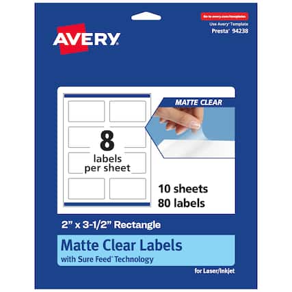 Go to avery.com/templates
AVERY
Use Avery Template Presta® 94238
MATTE CLEAR
8 labels per sheet
10 sheets 80 labels
2" x 3-1/2" Rectangle
Matte Clear Labels with Sure Feed® Technology for Laser/Inkjet