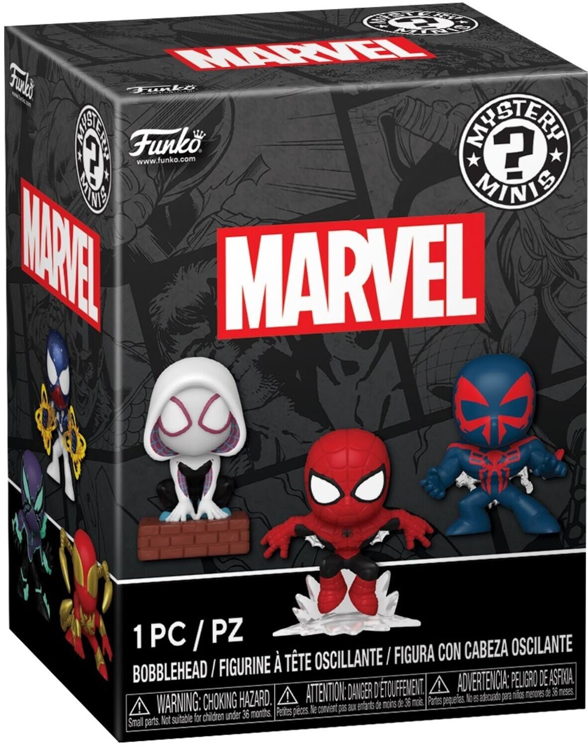 Sure, here is the corrected and grouped text from the image:

---

**Funko**  
www.funko.com

**MARVEL**

**Mystery Minis**

1 PC / PZ  
BOBBLEHEAD / FIGURINE À TÊTE OSCILLANTE / FIGURA CON CABEZA OSCILANTE

**WARNING: CHOKING HAZARD.**  
Small parts. Not suitable for children under 36 months.

**ATTENTION: DANGER D'ÉTOUFFEMENT.**  
Petites pièces. Ne convient pas aux enfants de moins de 36 mois.

**ADVERTENCIA: PELIGRO DE ASFIXIA.**  
Partes pequeñas. No es adecuado para niños menores de 36 meses.

---

This text includes all the relevant information from the packaging, grouped and corrected for clarity.