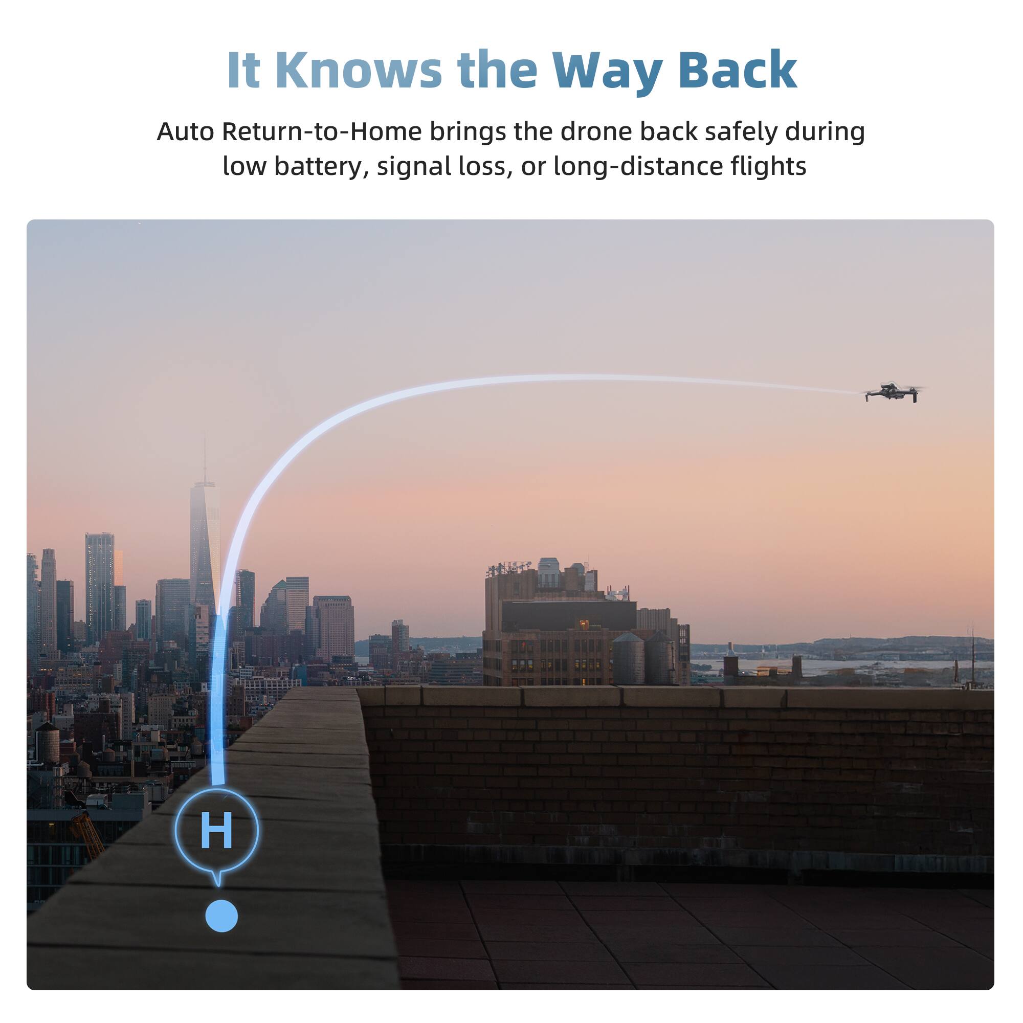 It Knows the Way Back

Auto Return-to-Home brings the drone back safely during low battery, signal loss, or long-distance flights