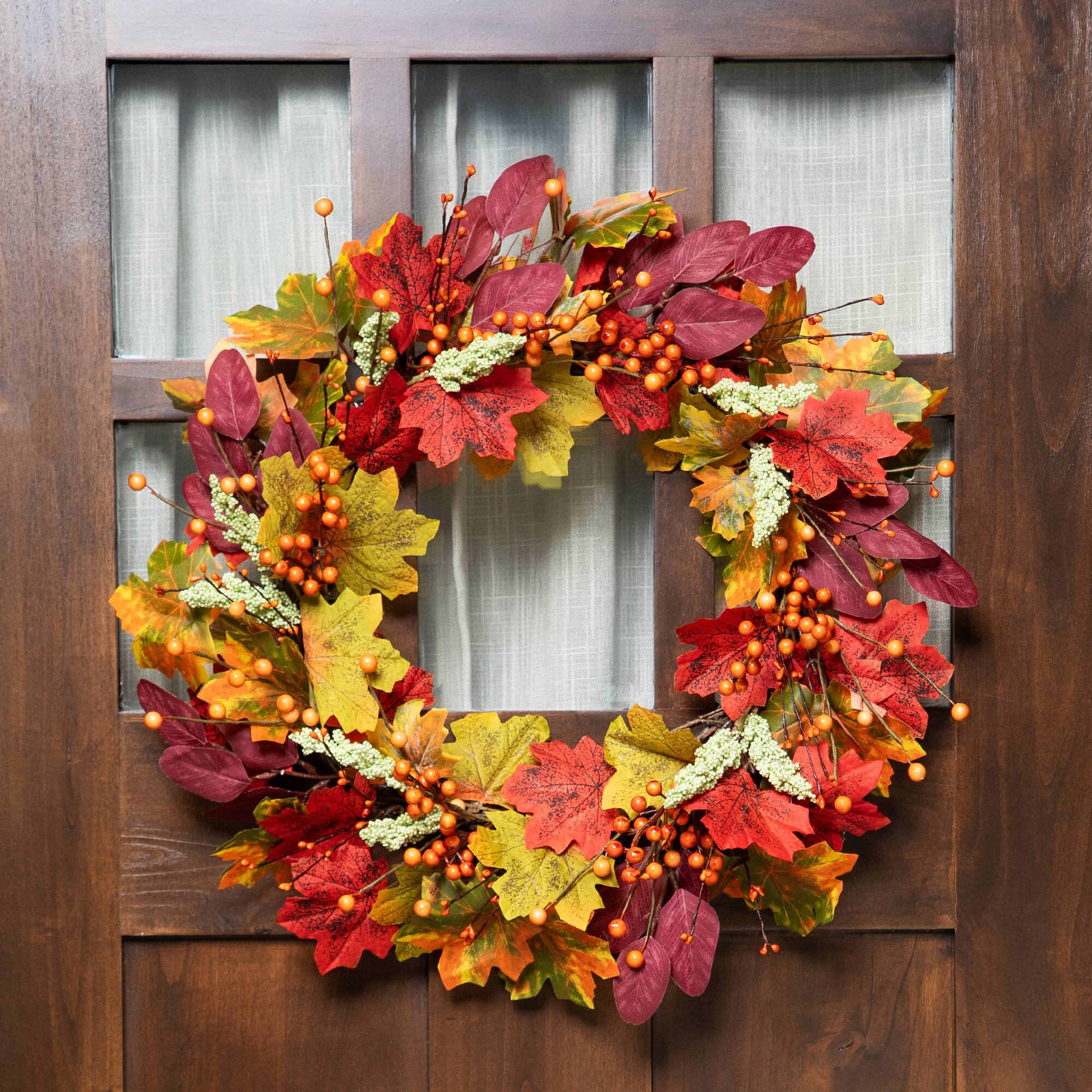 Front. Northlight - Leaves and Berries Artificial Fall Harvest Wreath - 20" - Red.
