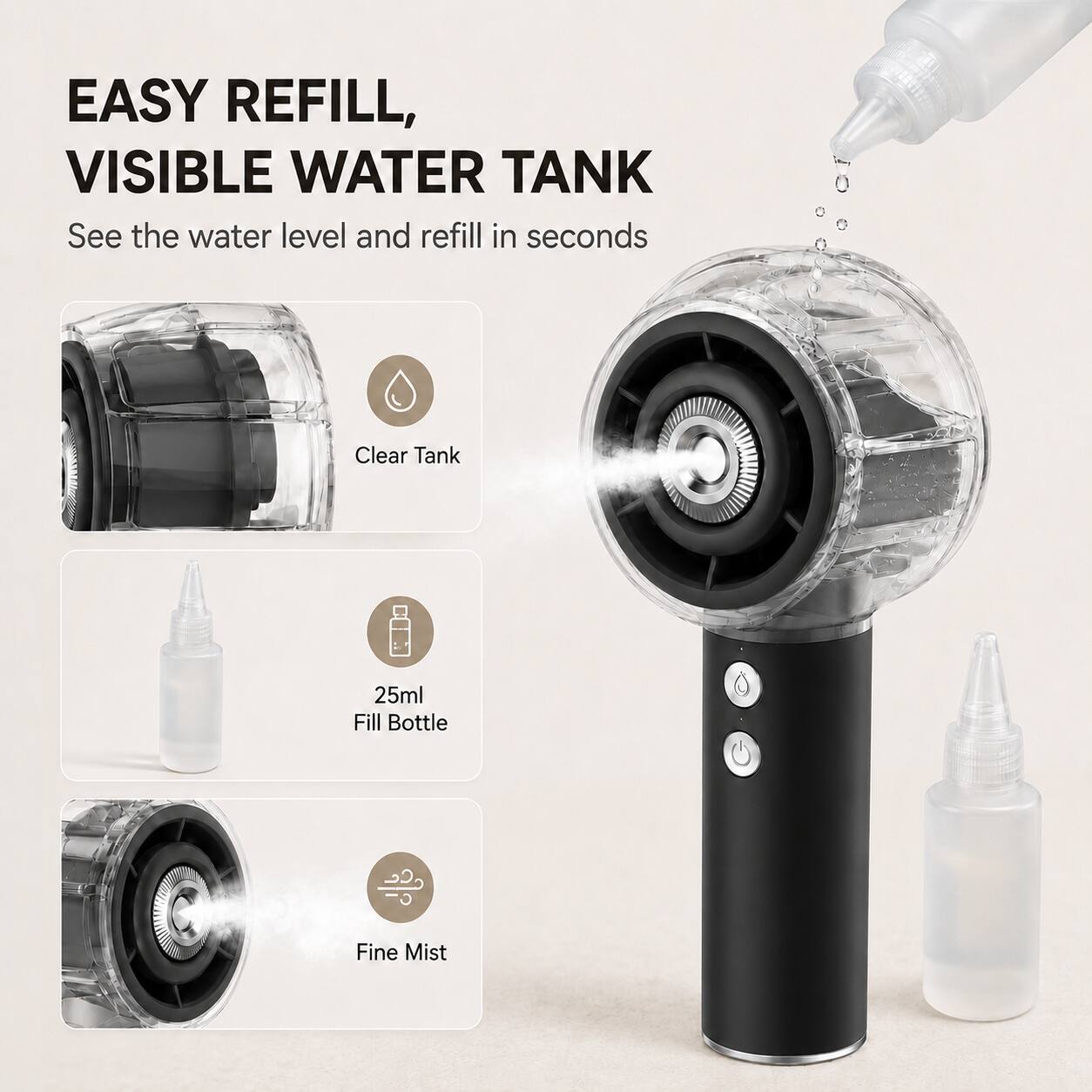 EASY REFILL,  
VISIBLE WATER TANK  
See the water level and refill in seconds  

Clear Tank  
25ml Fill Bottle  
Fine Mist