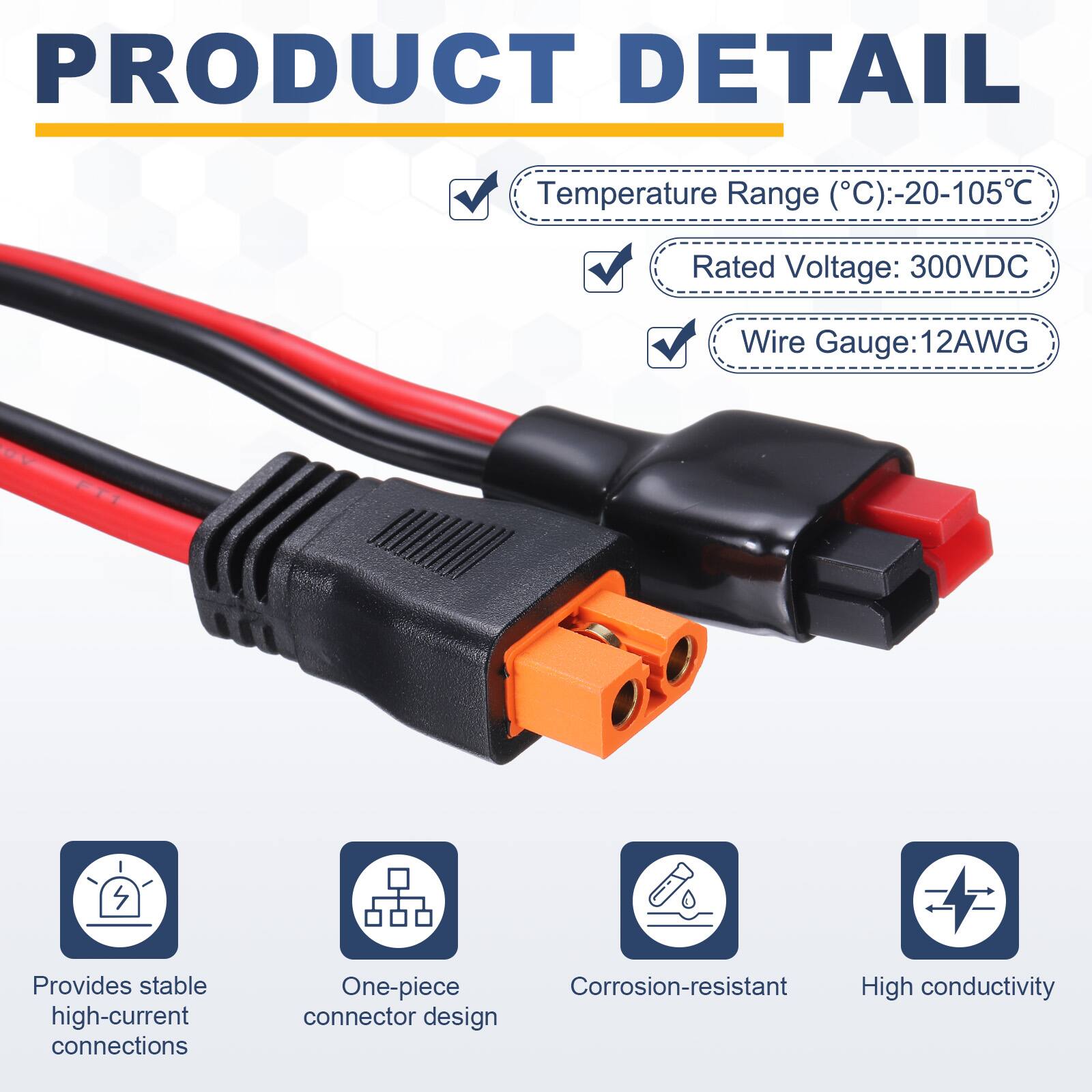 PRODUCT DETAIL

Temperature Range (°C): -20-105°C  
Rated Voltage: 300VDC  
Wire Gauge: 12AWG  

Provides stable high-current connections  
One-piece Corrosion-resistant High conductivity connector design