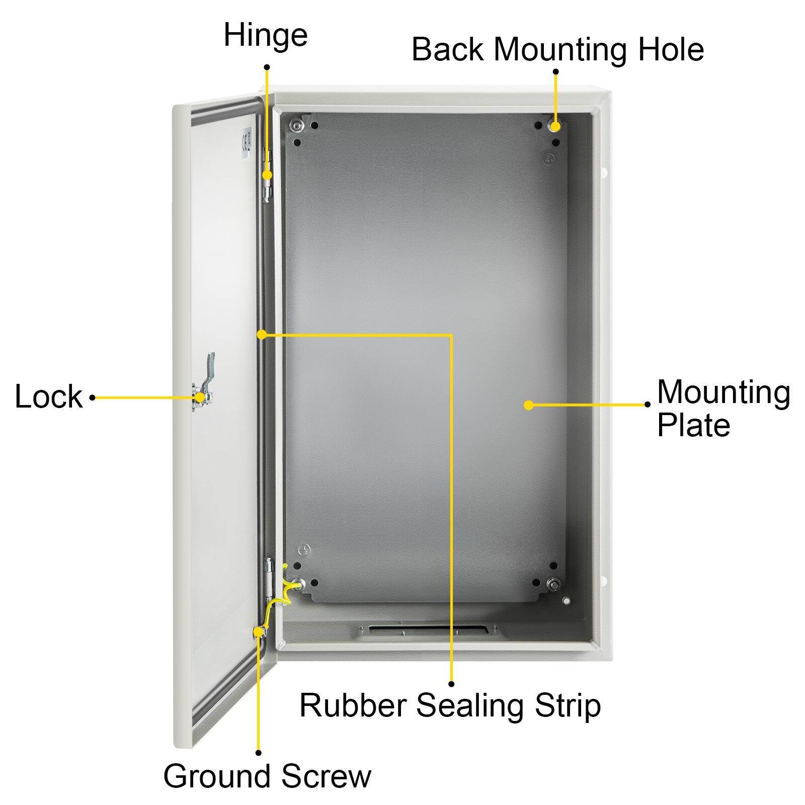 Hinge  
Back Mounting Hole  
Lock  
Mounting Plate  
Rubber Sealing Strip  
Ground Screw