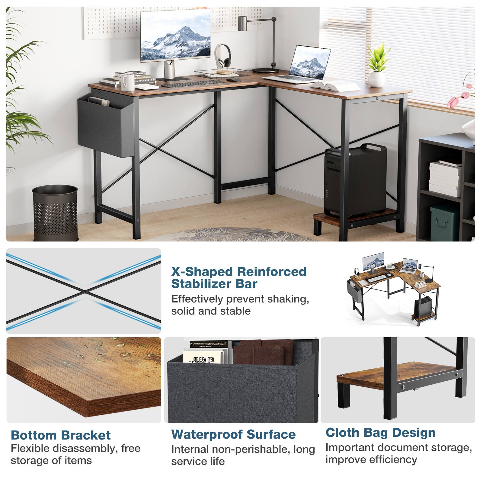 - X-Shaped Reinforced Stabilizer Bar
  - Effectively prevent shaking, solid and stable

- Bottom Bracket
  - Flexible disassembly, free storage of items

- Waterproof Surface
  - Internal non-perishable, long service life

- Cloth Bag Design
  - Important document storage, improve efficiency