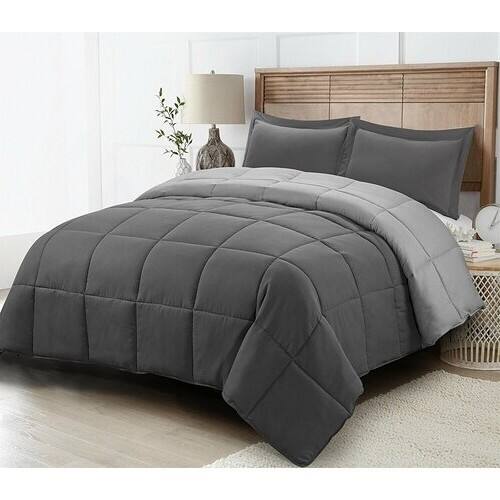 Left. Hivvago - Twin/Twin XL Traditional Microfiber Reversible 3 Piece Comforter Set in Grey - Grey.