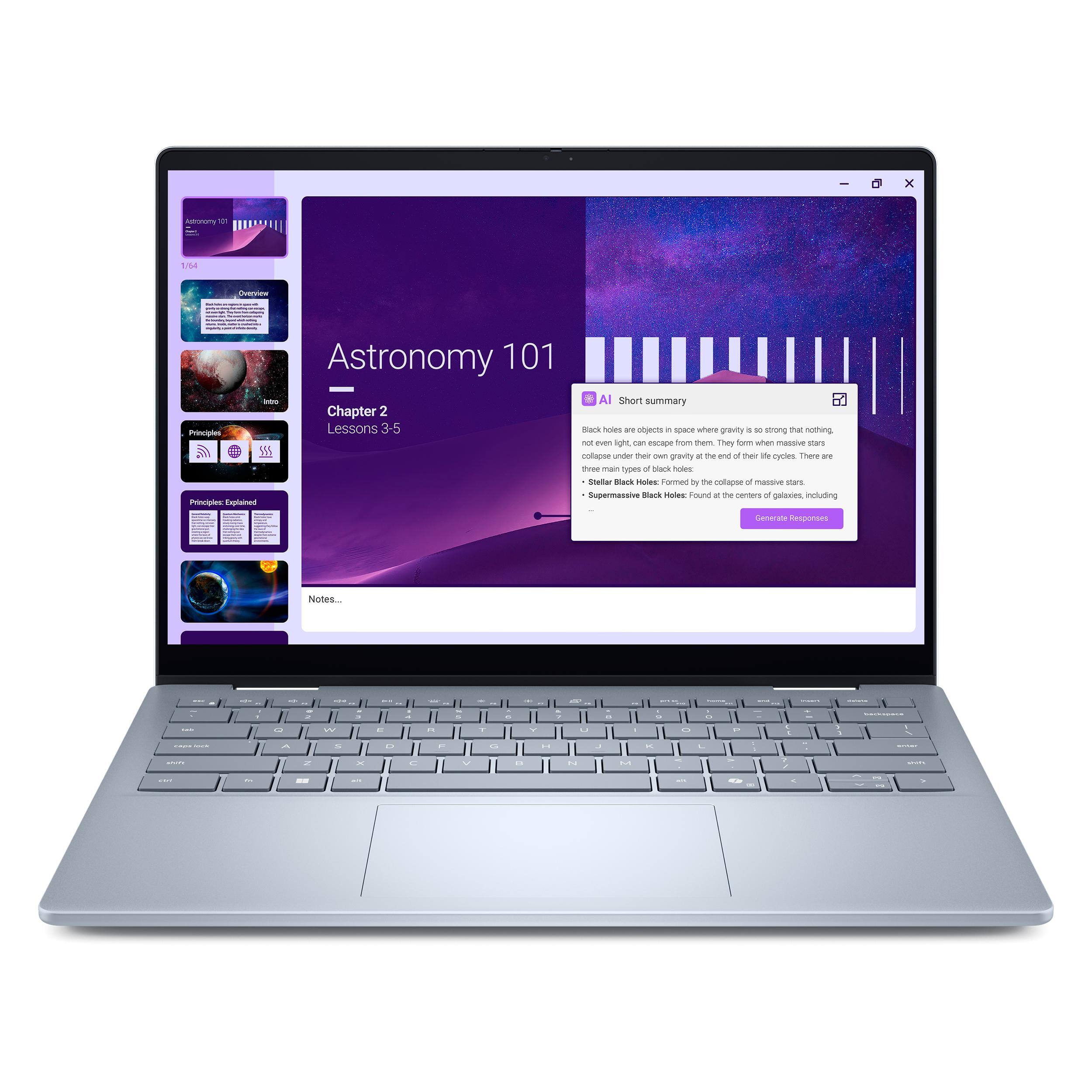 Astronomy 101 - Chapter 2 Principles - Lessons 3-5

AI Short summary

Black holes are objects in space where gravity is so strong that nothing, not even light, can escape. They form when massive stars collapse under their own gravity at the end of their life cycles. There are three main types of black holes:

- Stellar Black Holes: Formed by the collapse of massive stars.
- Supermassive Black Holes: Found at the centers of galaxies, including the one at the center of our galaxy.