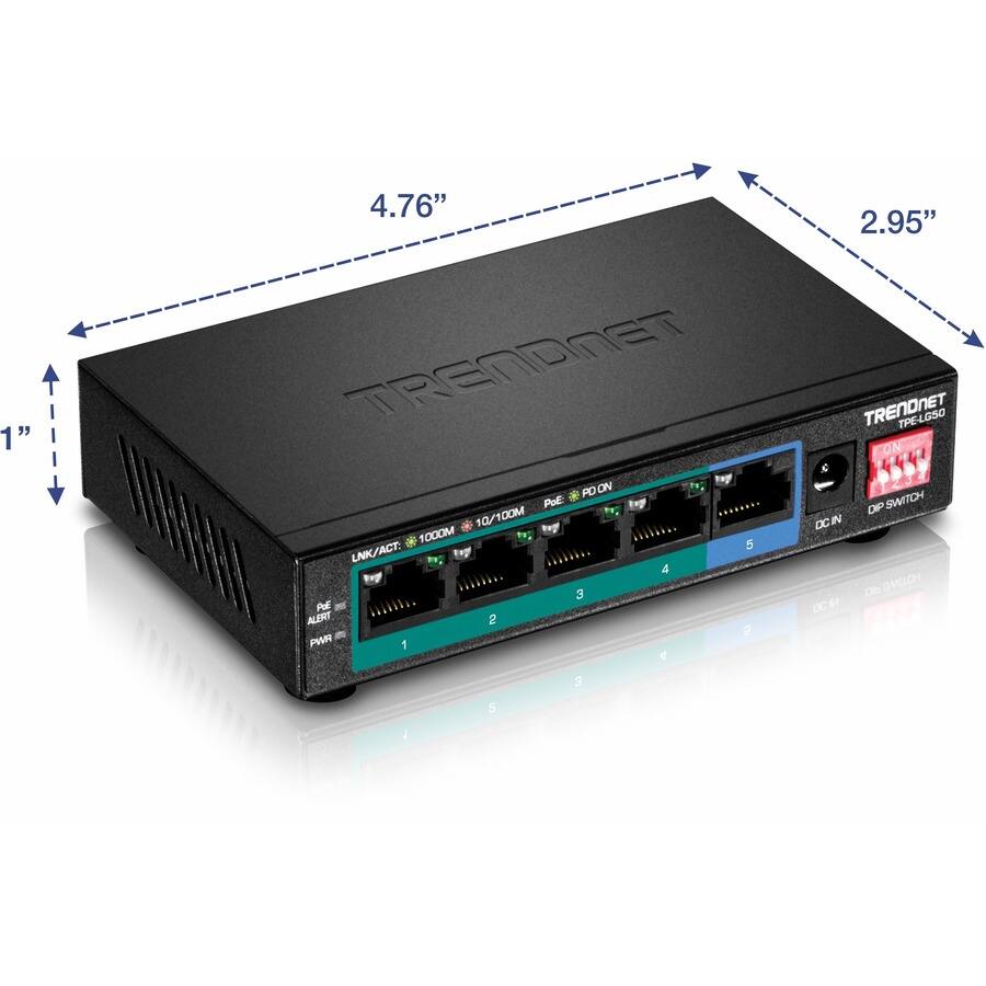 1"  
4.76" 2.95" TRENDNET  
TRENDNET ON TPE-LG50 & PoE:  
POE SWITCH 10/100M DIP DC IN 1000M 5  
LNK/ACT: 4 3 Ob HOLWE PoE DC ALERT 2 2 PWR 1 4 3  
5