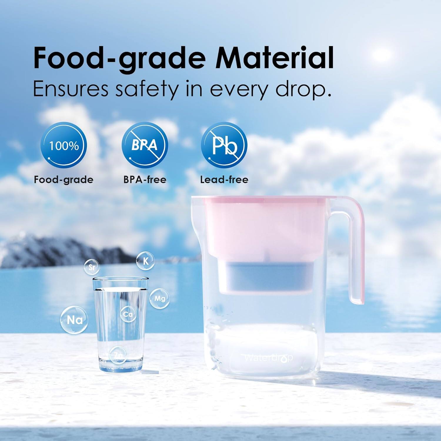 Food-grade Material Ensures safety in every drop. 100% Food-grade BPA-free Lead-free Sr K Mg Na Ca Zn Waterdrop