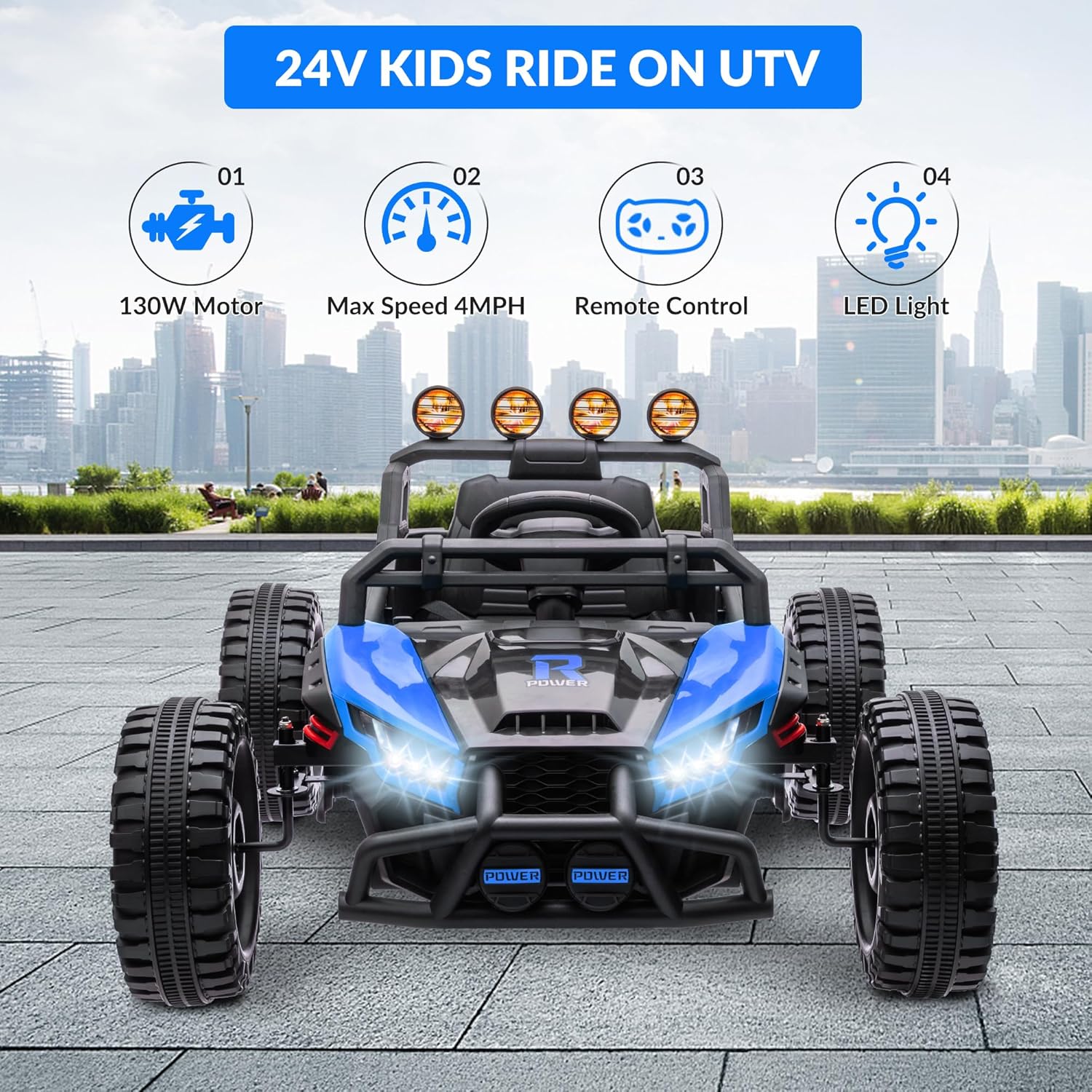 24V KIDS RIDE ON UTV

01 130W Motor  
02 Max Speed 4MPH  
03 Remote Control  
04 LED Light