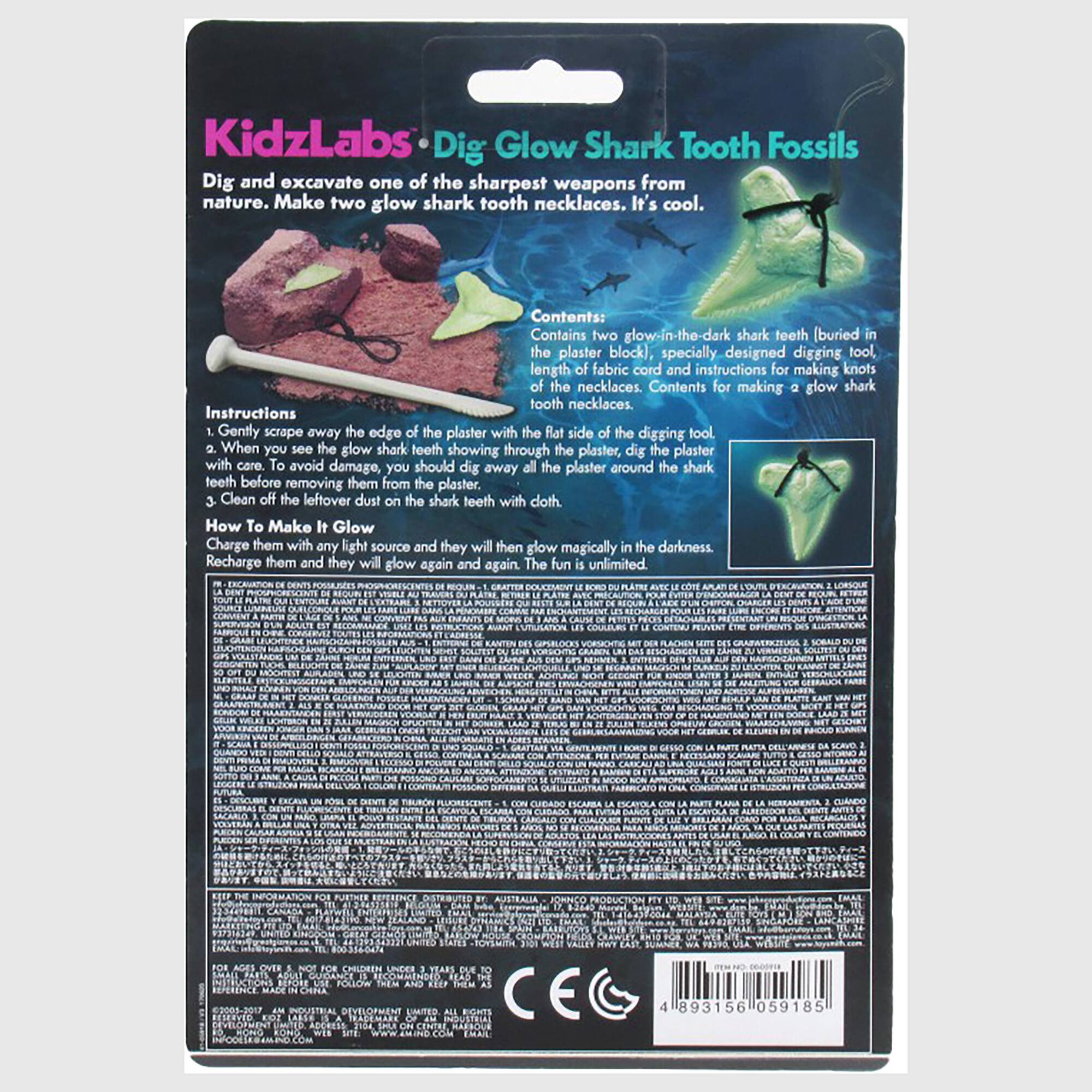KidzLabs Dig Glow Shark Tooth Fossils Dig and excavate one of the sharpest weapons from nature. Make two glow shark tooth necklaces. It's cool. Contents: Contains two dark shark teeth [buried in the plaster block], specially designed digging tool, length of fabric cord, and instructions for making knots of the necklaces. Contents for making a glow shark tooth necklaces. Instructions: 1. Gently scrape away the edge of the plaster with the flat side of the digging tool. 2. When you see the glow shark teeth showing through the plaster, dig the plaster with care. To avoid damage, you should dig away all the plaster around the shark teeth before removing them from the plaster. 3. Clean off the leftover dust from the shark teeth with a cloth. 4. How to make it glow: Charge them with any light source, and they will then glow magically in the darkness. Recharge them, and they will glow again and again. The fun is unlimited.