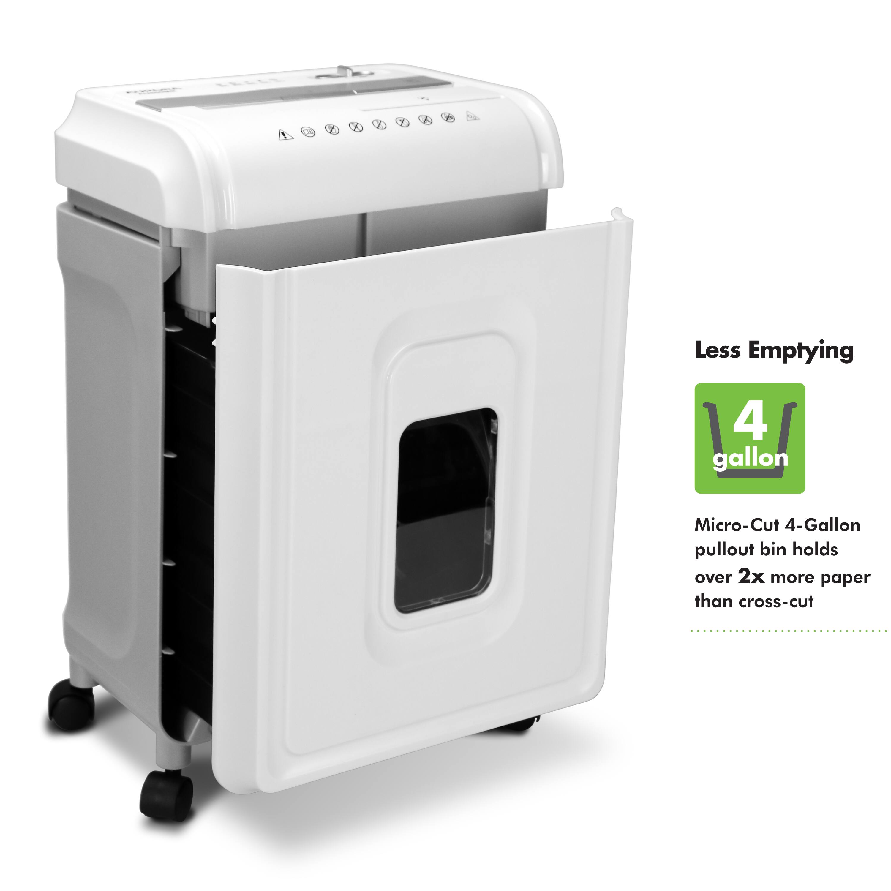 Less Emptying

4 gallon

Micro-Cut 4-Gallon pullout bin holds over 2x more paper than cross-cut