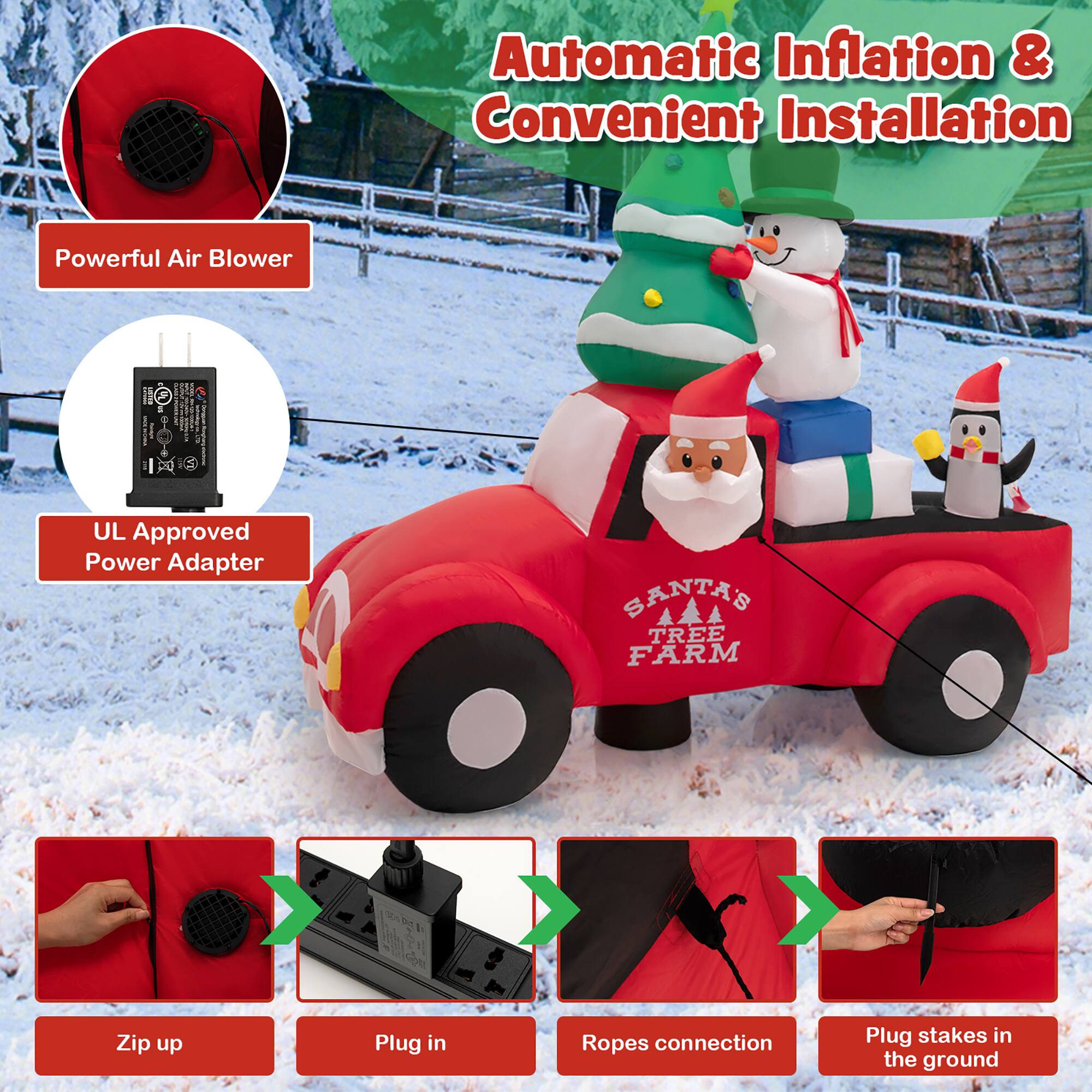 Automatic Inflation & Convenient Installation: Powerful Air Blower, UL Approved Power Adapter, Santa's Tree Farm, Zip up, Plug in, Ropes connection, Plug stakes in the ground.