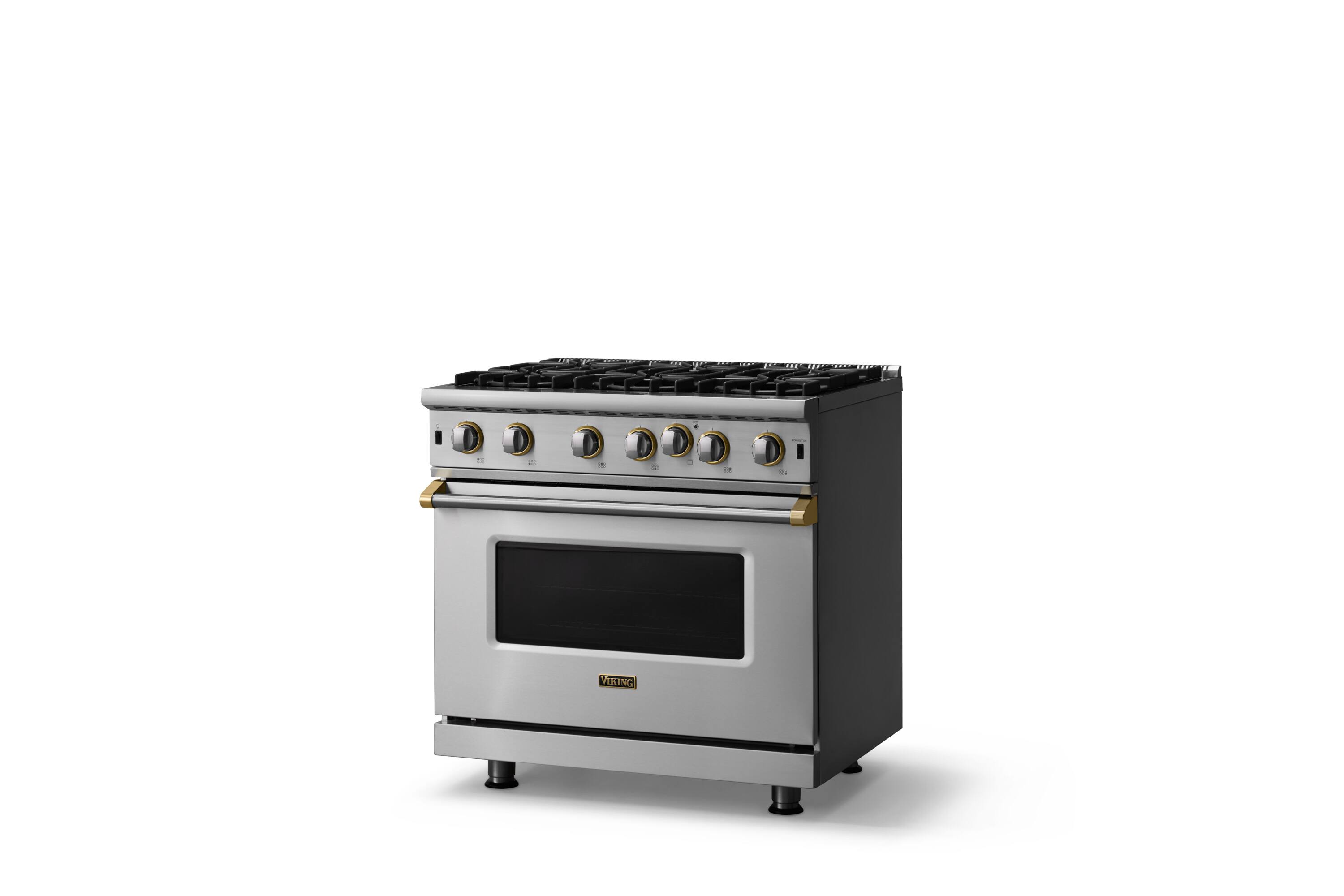 Angle. Viking - 30"W. 5.1 Cu. Ft. Freestanding Self-Clean Open Burner Gas Convection Range - Stainless Steel w. Brushed Brass Trim - Stainless steel.