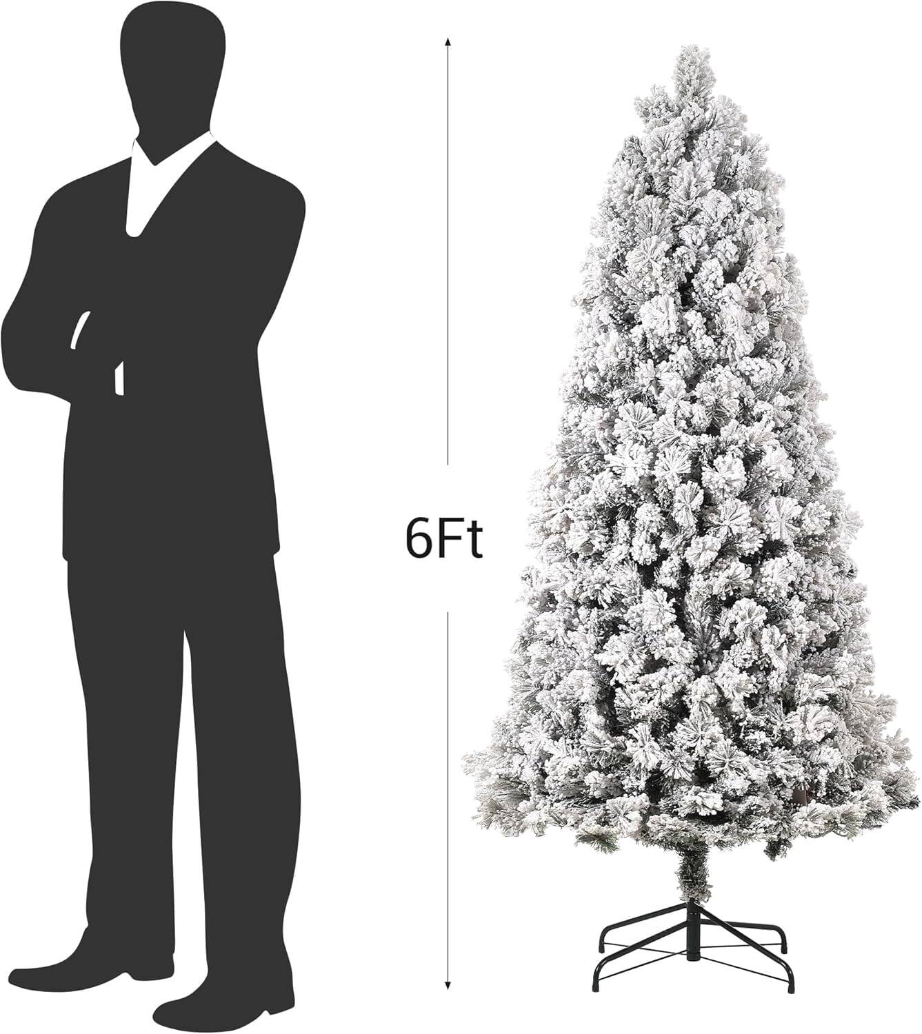 Angle. Acekool - 6Ft Prelit Snow Flocked Artificial Christmas Tree, Snow Flocked Full Prelighted Cedar Xmas Tree - Green.